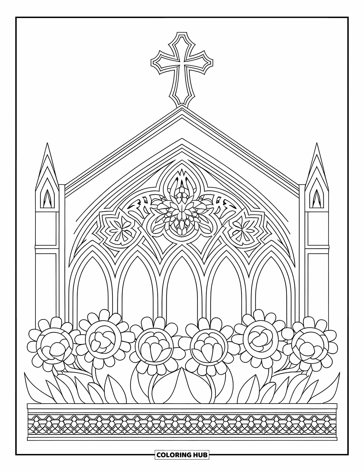 Church Coloring Page for Adults: A gothic church with layered flowers and an intricate cross at the top