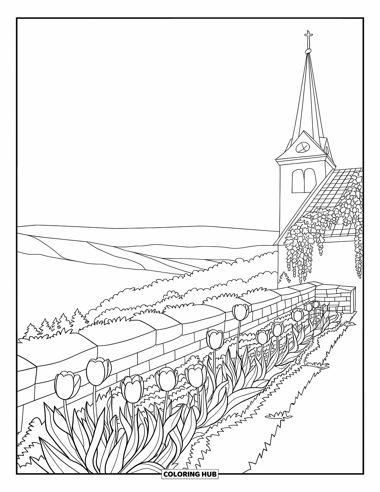 Church Coloring Page for Adults: A hilltop church with tulips, ivy, and a stone wall overlooking rolling hills