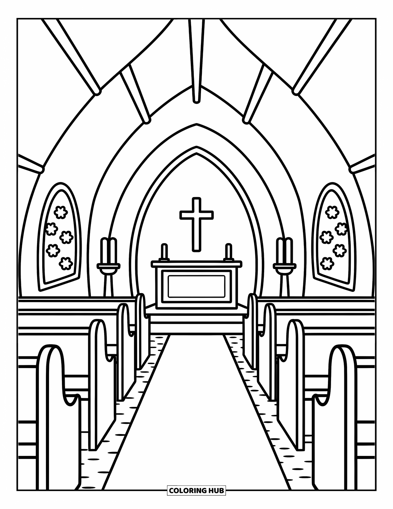 Church Coloring Page for Adults: A peaceful chapel aisle with curved pews, candles, and floral stained glass