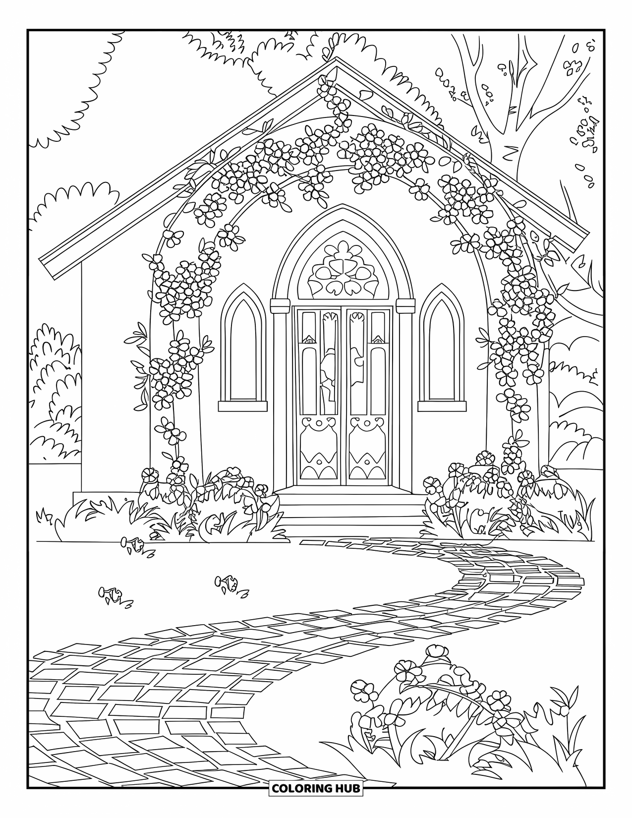 Church Coloring Page for Adults: A peaceful countryside church with floral arches and a stone path