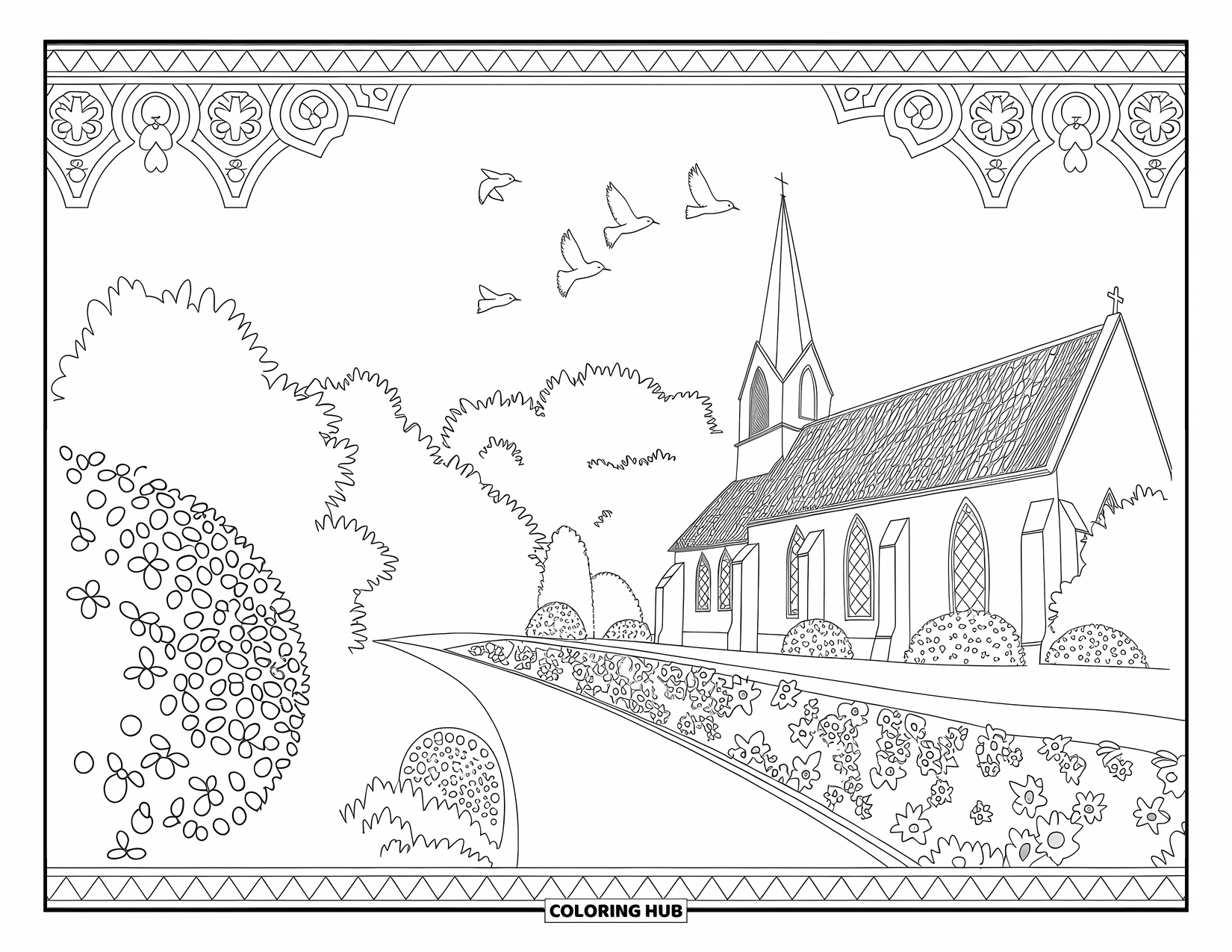 Church Coloring Page for Adults: A quiet church garden scene filled with flowers, birds, and decorative elements