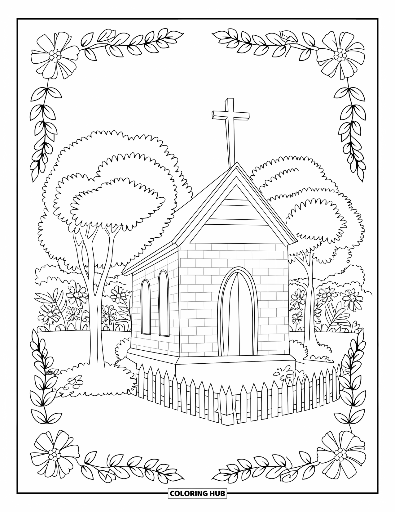 Church Coloring Page for Adults: A small brick church with flowers, trees, and a fence around it