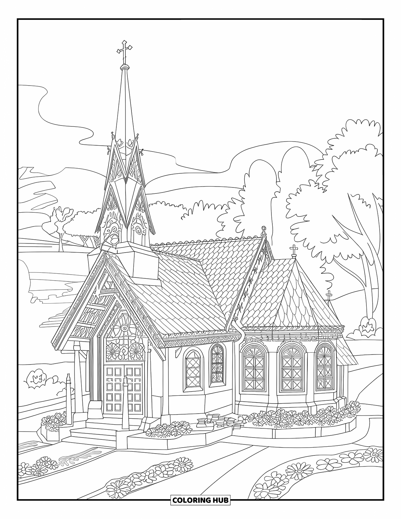 Church Coloring Page for Adults: A stone chapel with towers, stained glass patterns, and blooming flowers