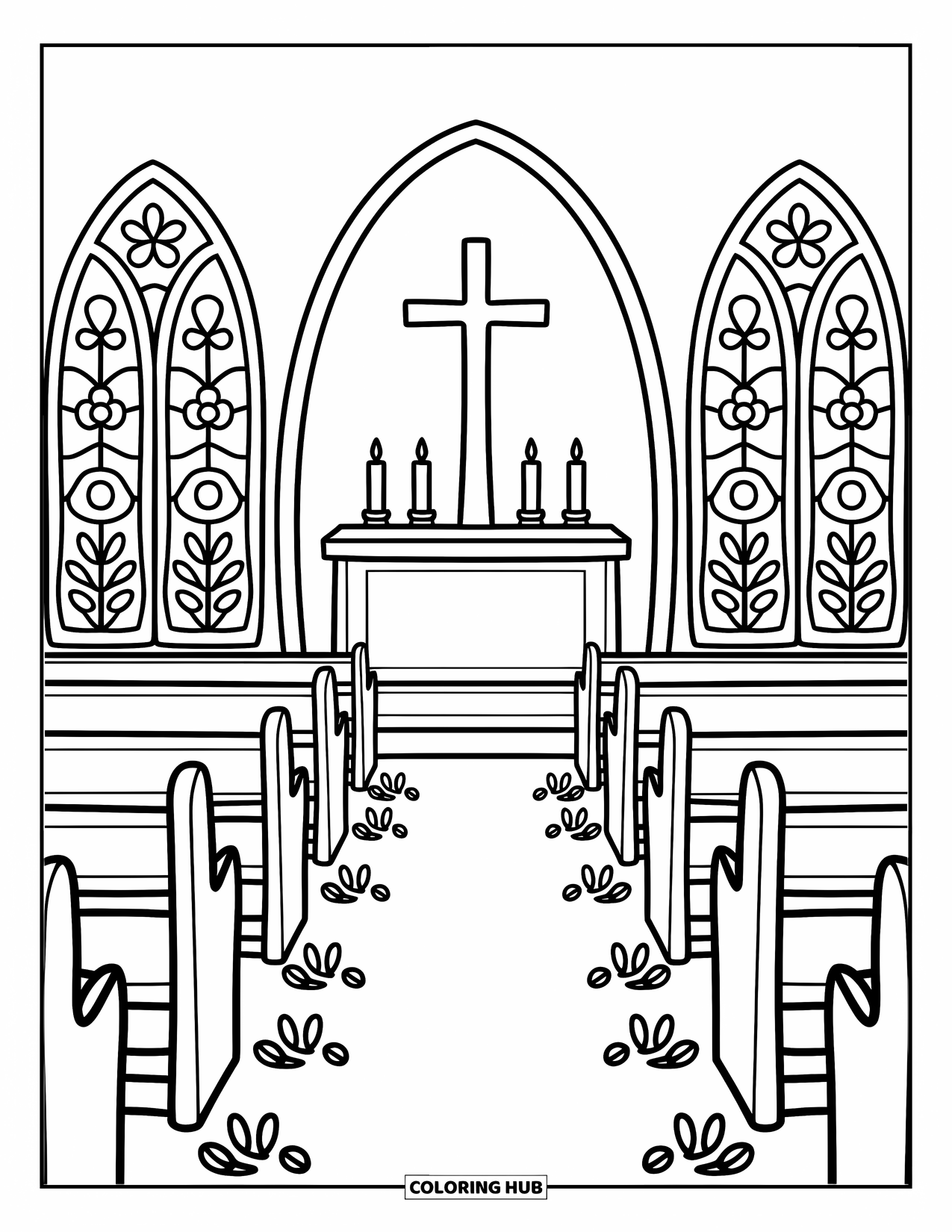 Church Coloring Page for Adults: An aisle of wooden pews leads to a simple altar and big floral windows