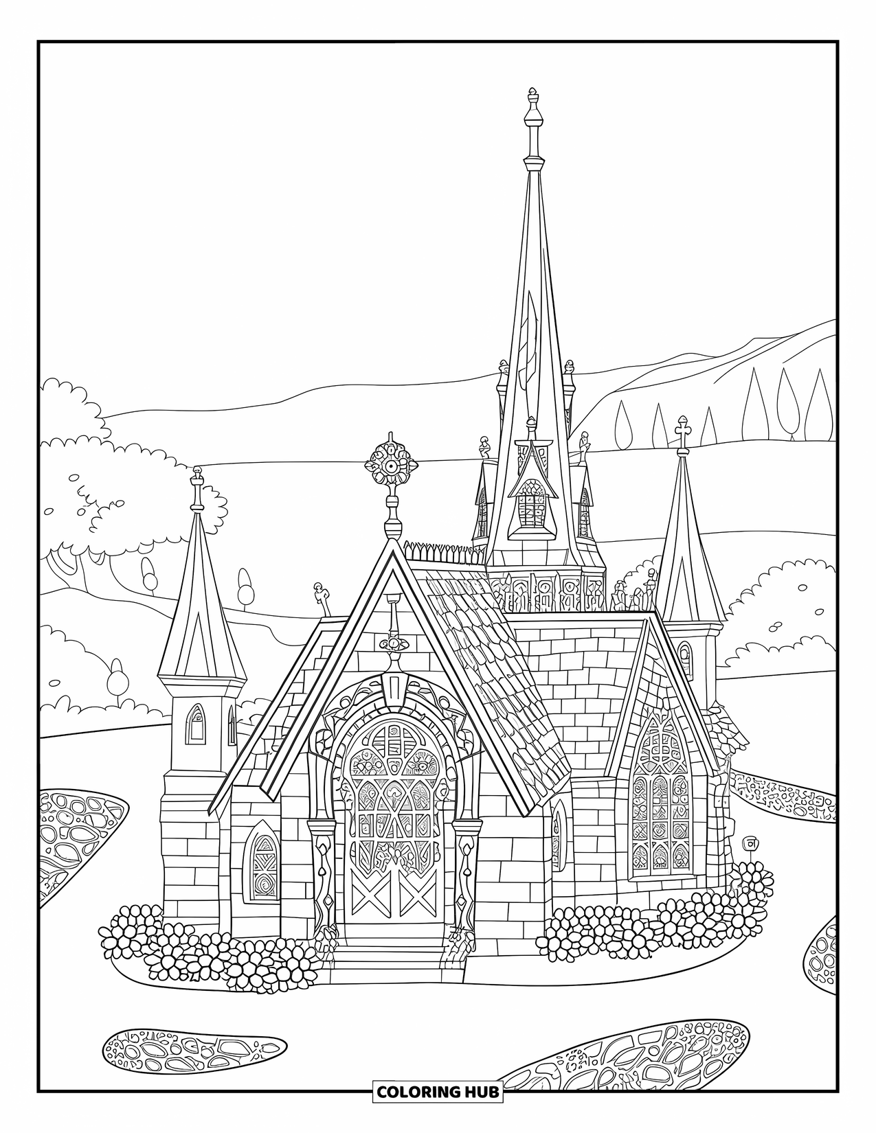 Church Coloring Page for Adults: An intricate chapel with towers, flower beds, and a vast mountain view