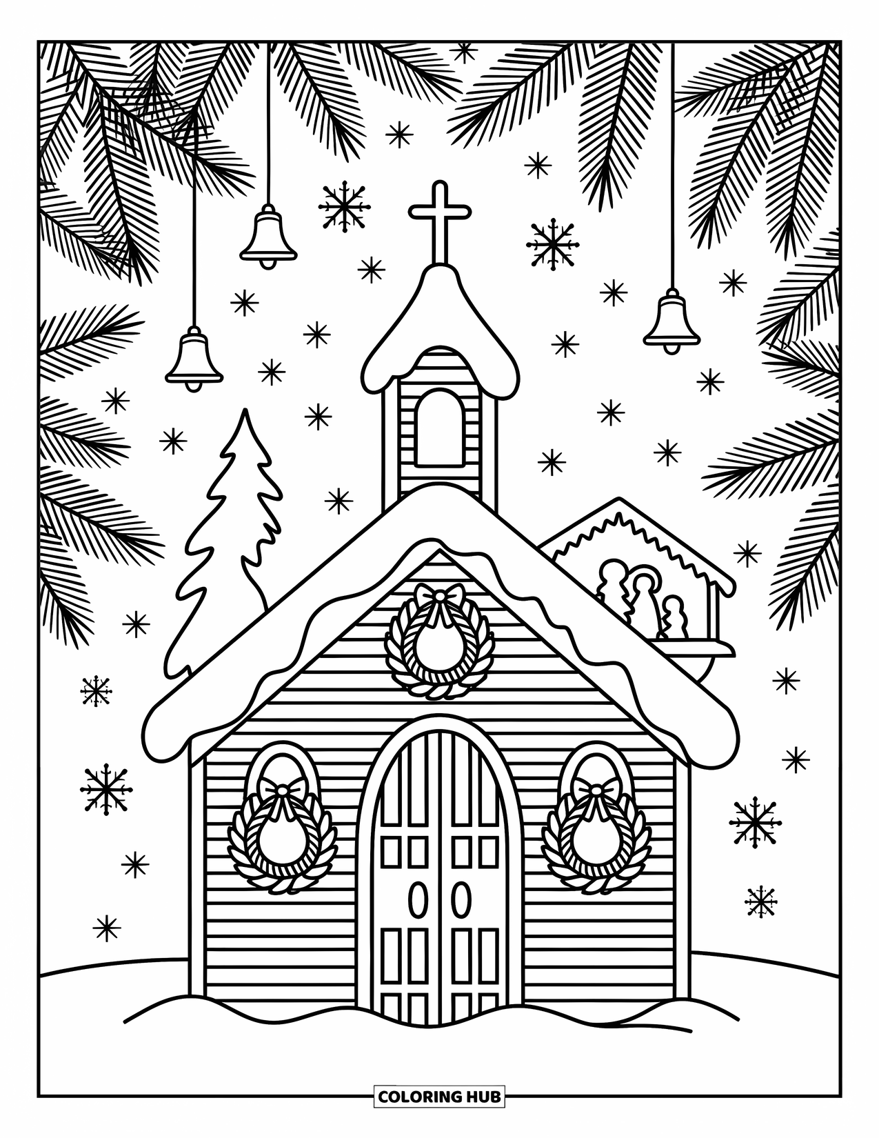 Church Coloring Page for Adults: Snowflakes fall on a chapel with wreaths and a gentle nativity scene behind