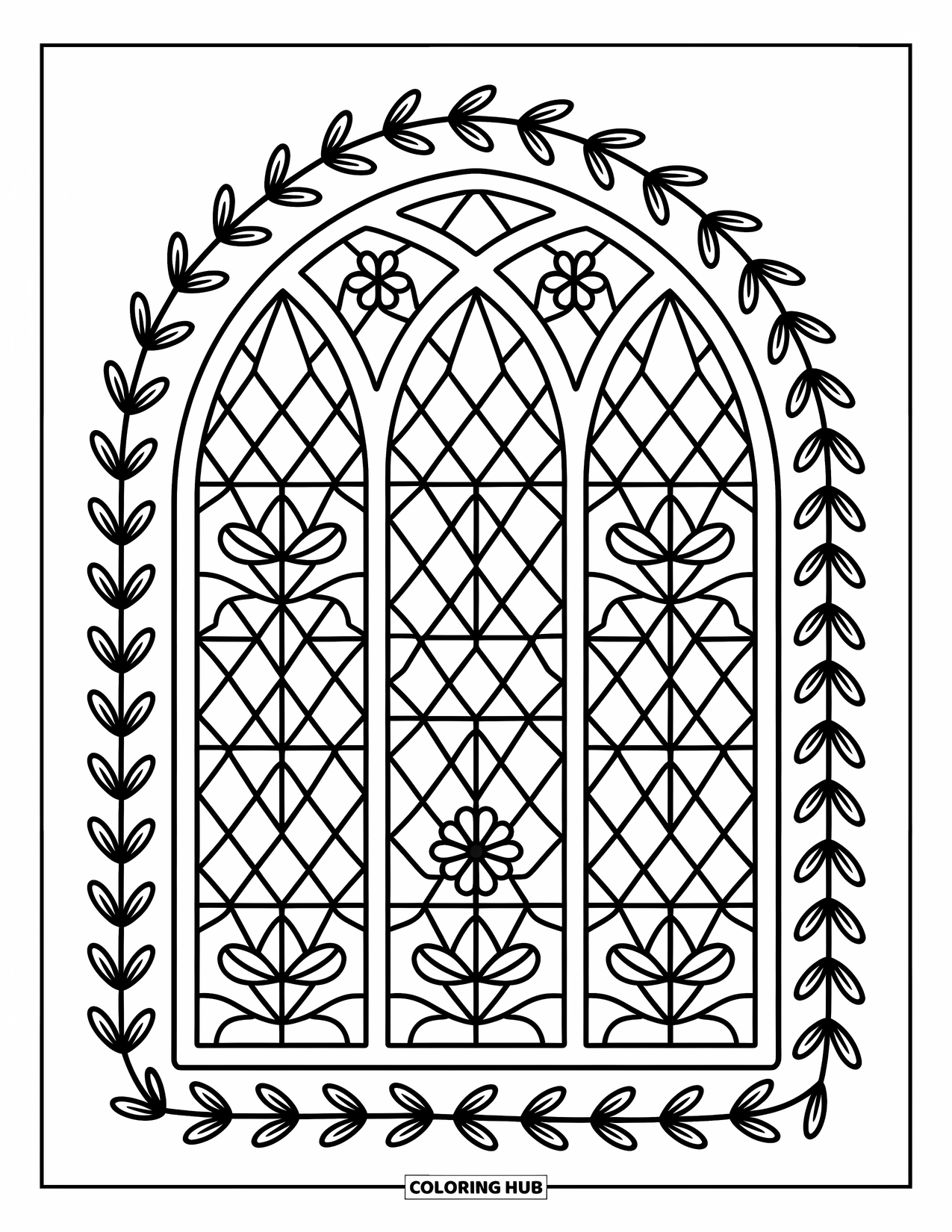 Church Coloring Page for Adults: Stained glass patterns glow inside a church wall framed by vines and ribbons