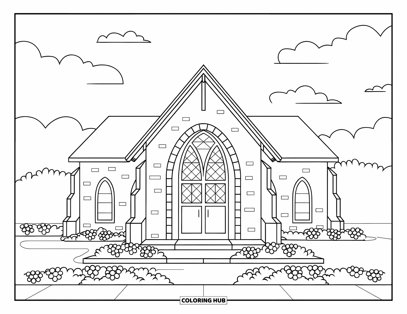 Church Coloring Page for Kids: A brick church with stained glass and shrubs under a sky with clouds