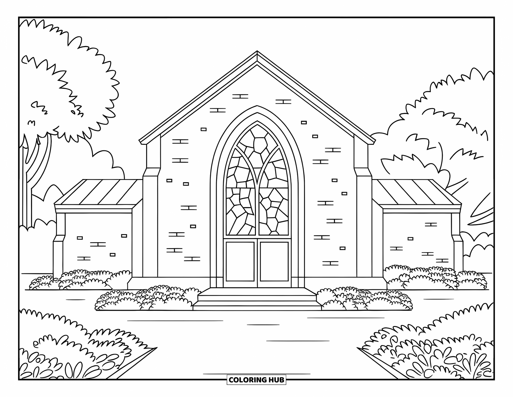 Church Coloring Page for Kids: A chapel with a stained glass window, brick walls, and flower beds