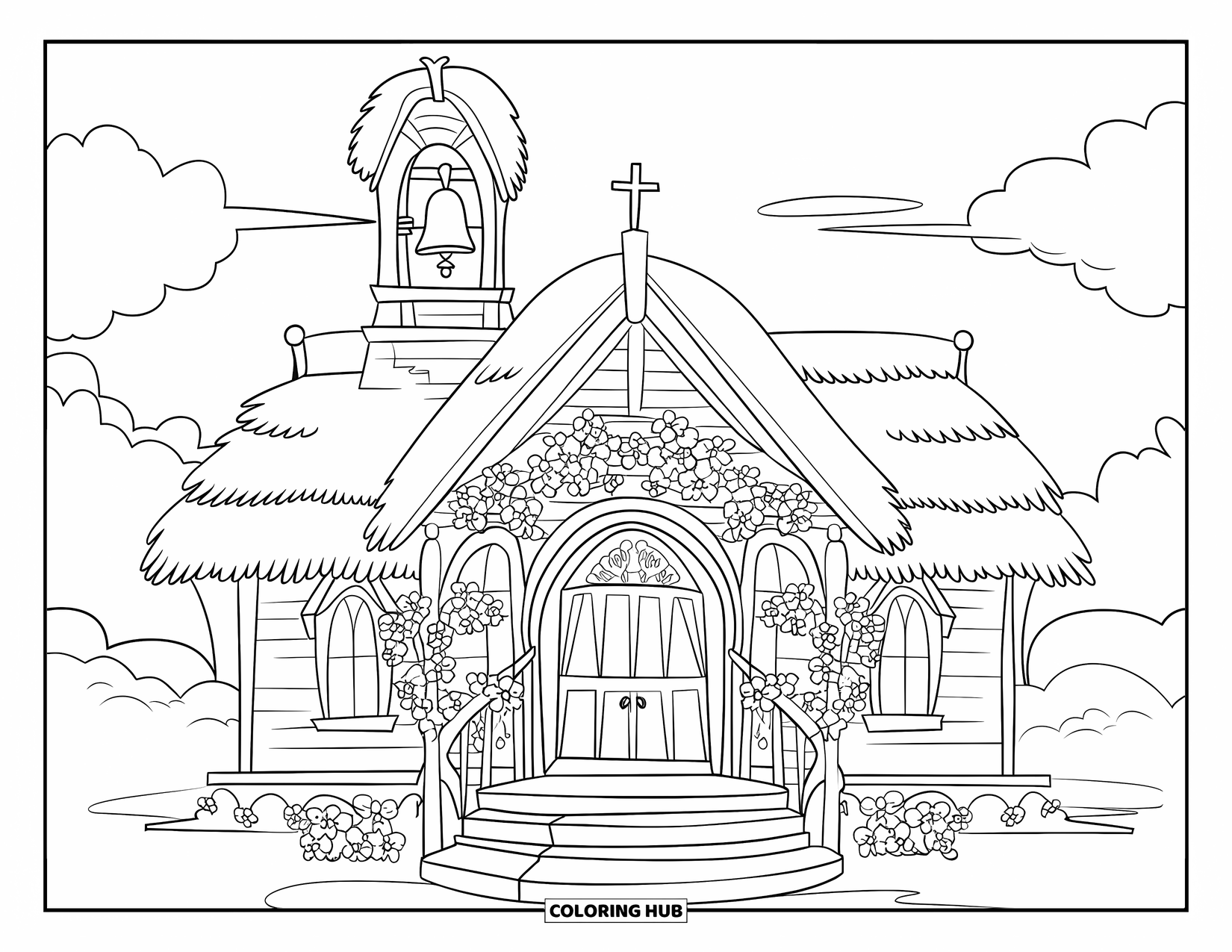 Church Coloring Page for Kids: A chapel with a thatched roof, floral arches, and a curved staircase under a cloudy sky
