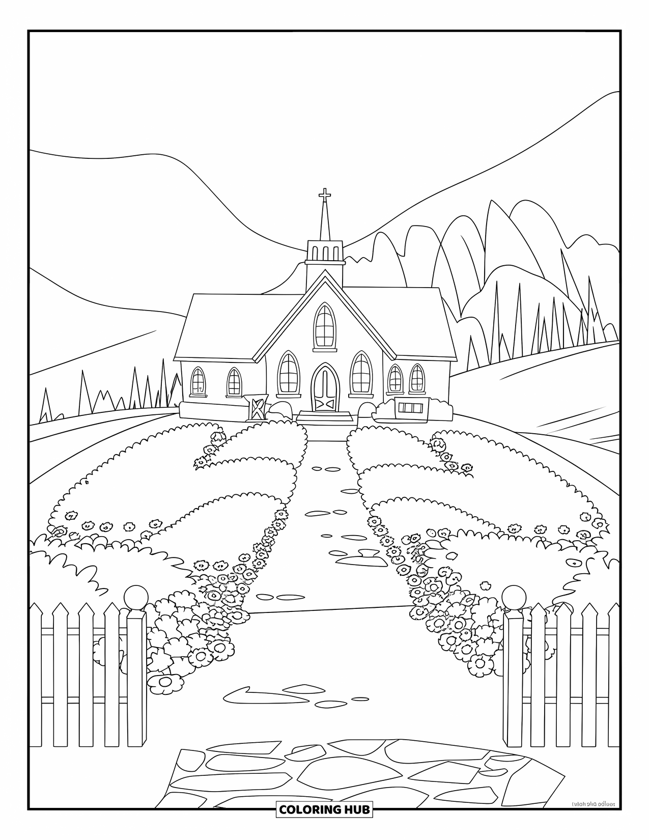 Church Coloring Page for Kids: A church with a steeple, picket fence, flowers, and mountain views