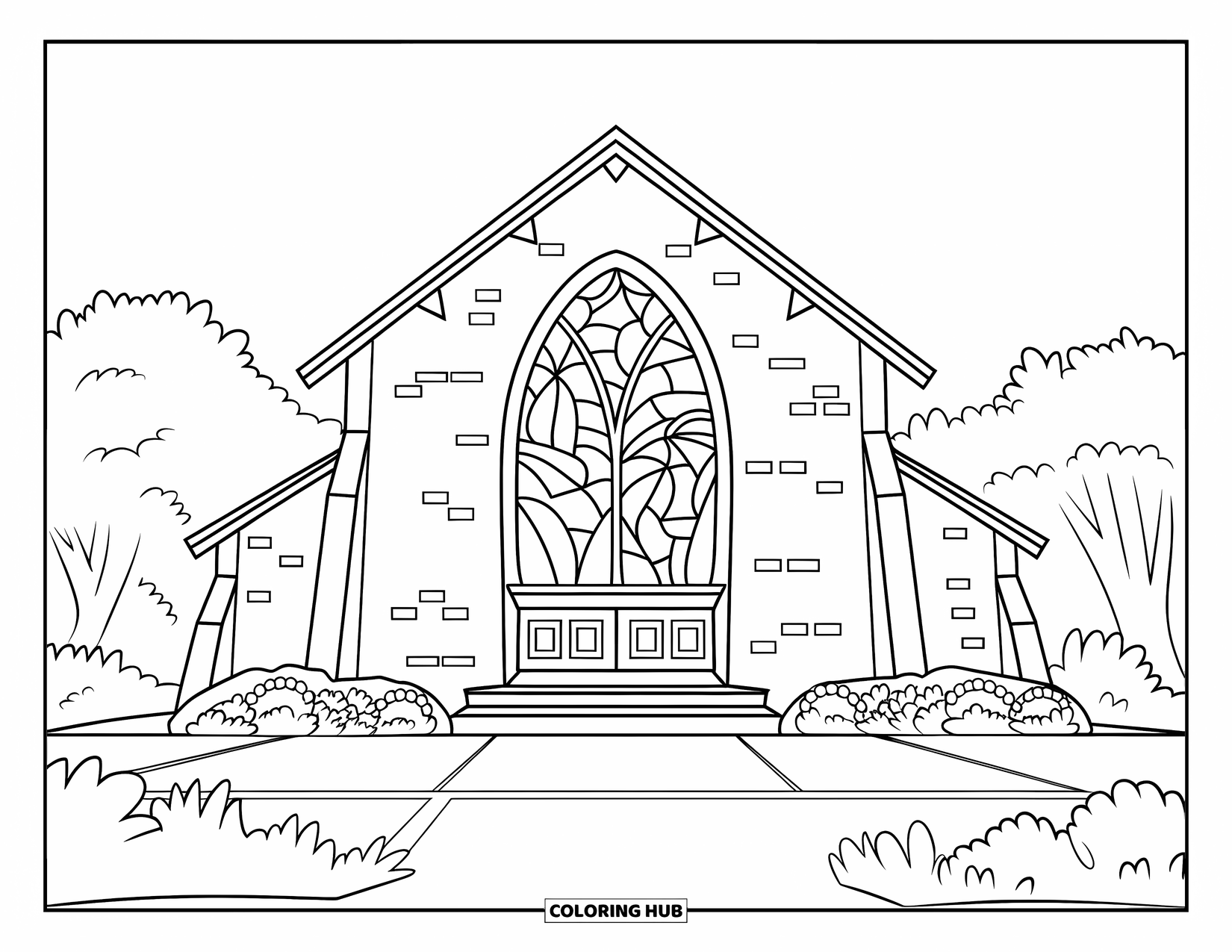 Church Coloring Page for Kids: A church with simple brick texture and flowers, designed for grade schoolers