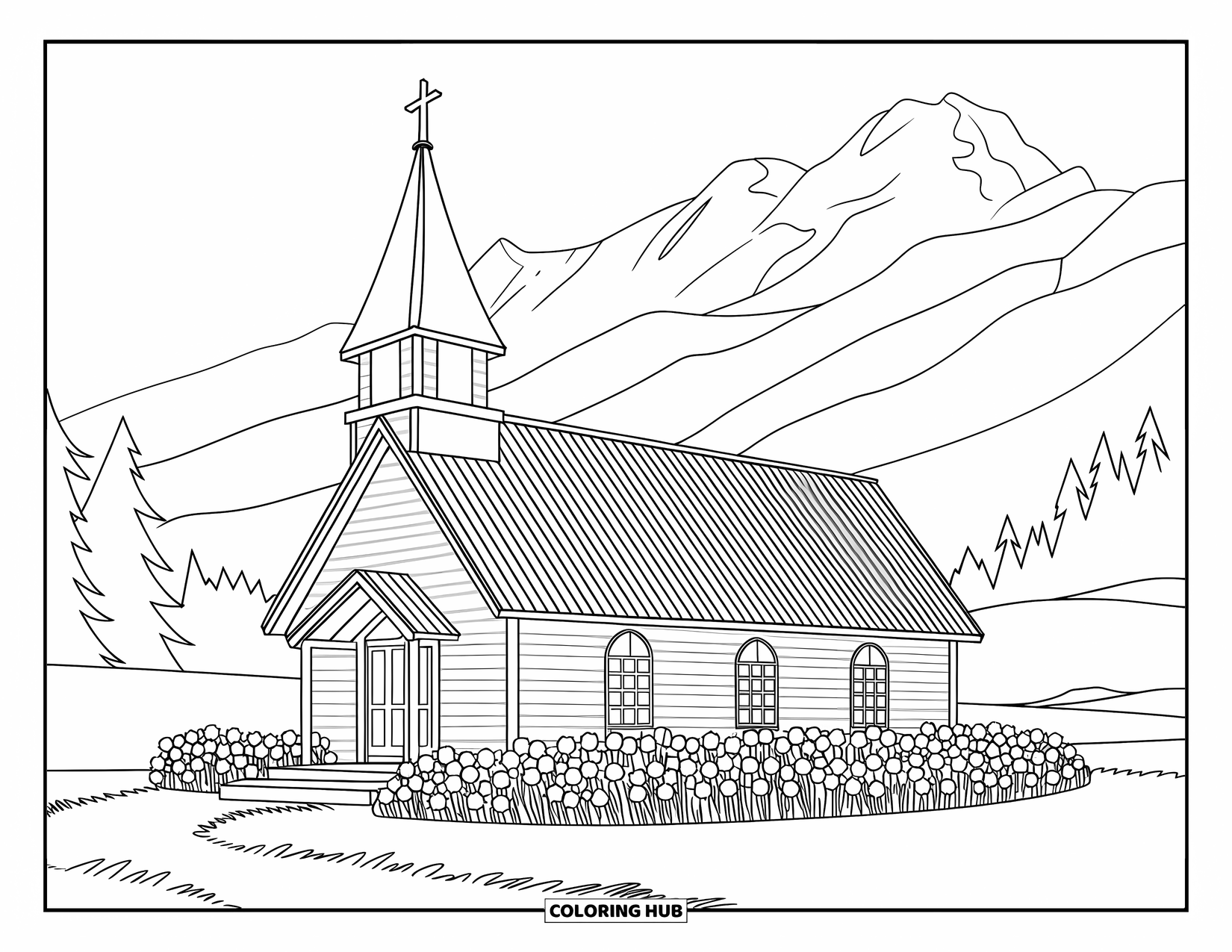 Church Coloring Page for Kids: A country church surrounded by flowers with mountains behind it