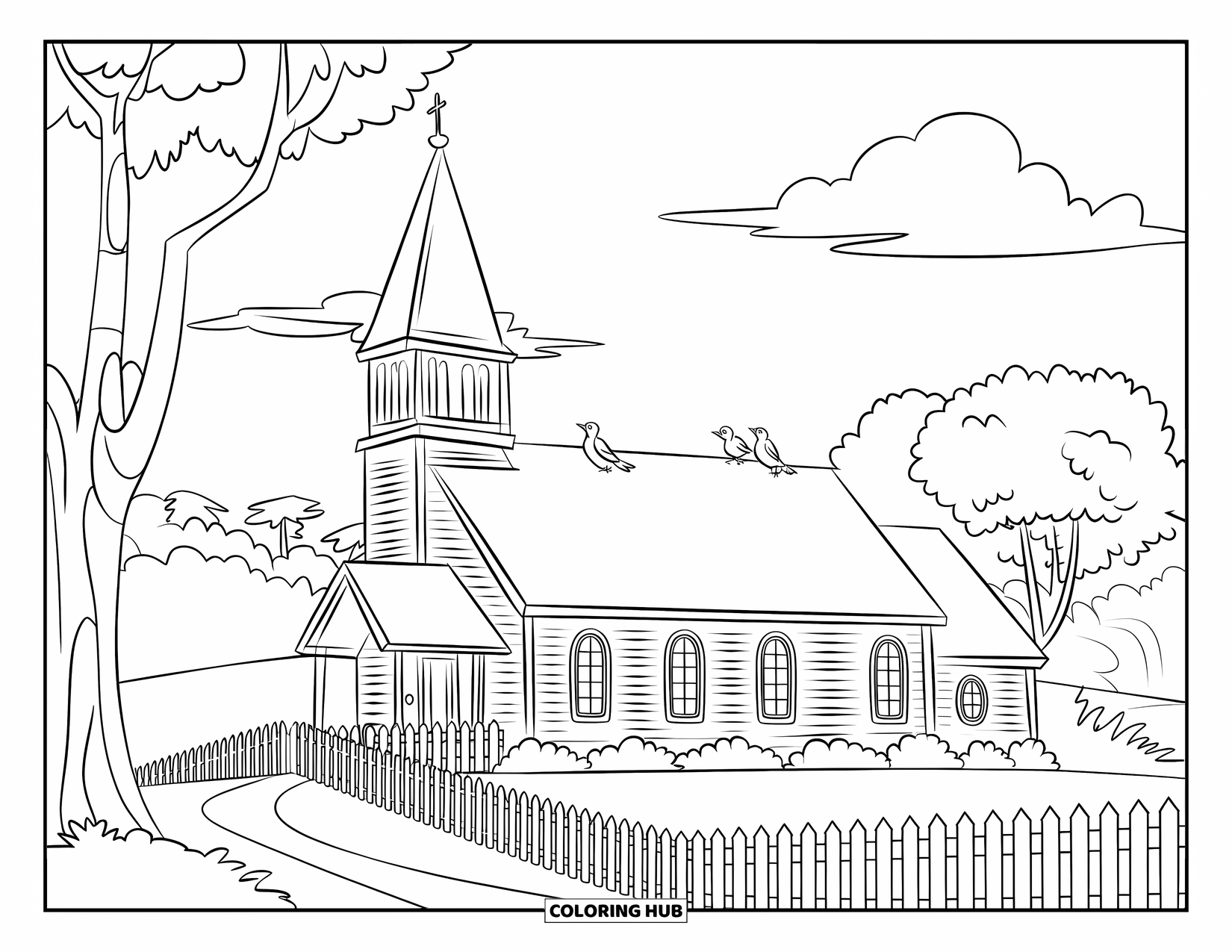Church Coloring Page for Kids: A countryside church with trees, a picket fence, and birds on the roof