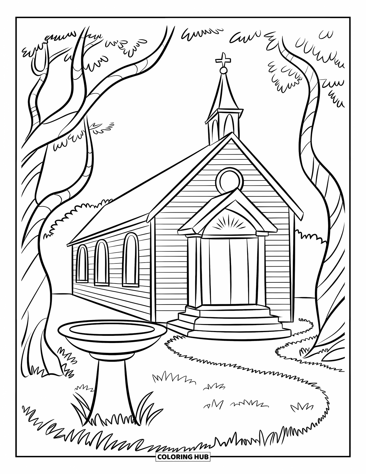 Church Coloring Page for Kids: A cozy chapel with curved steps, a bird bath, and twisty trees nearby