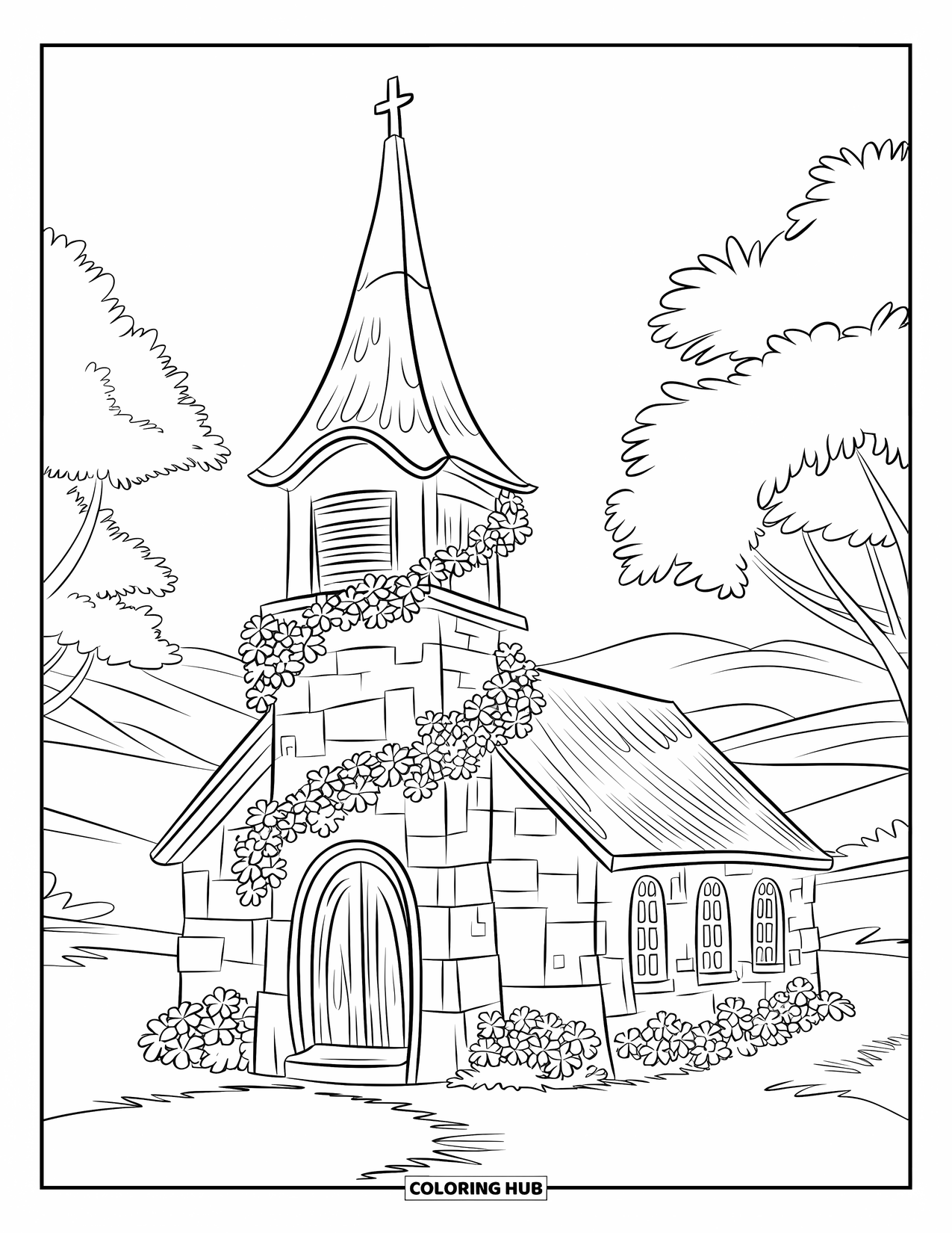 Church Coloring Page for Kids: A cozy stone church with vines, trees, and a peaceful mountain backdrop