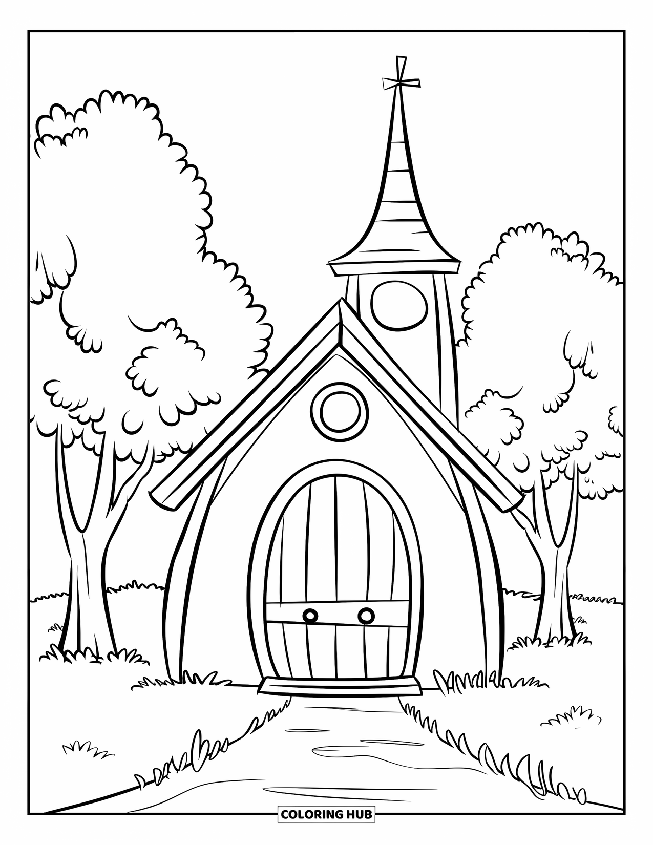 Church Coloring Page for Kids: A cute countryside church with a round door and a tiny steeple