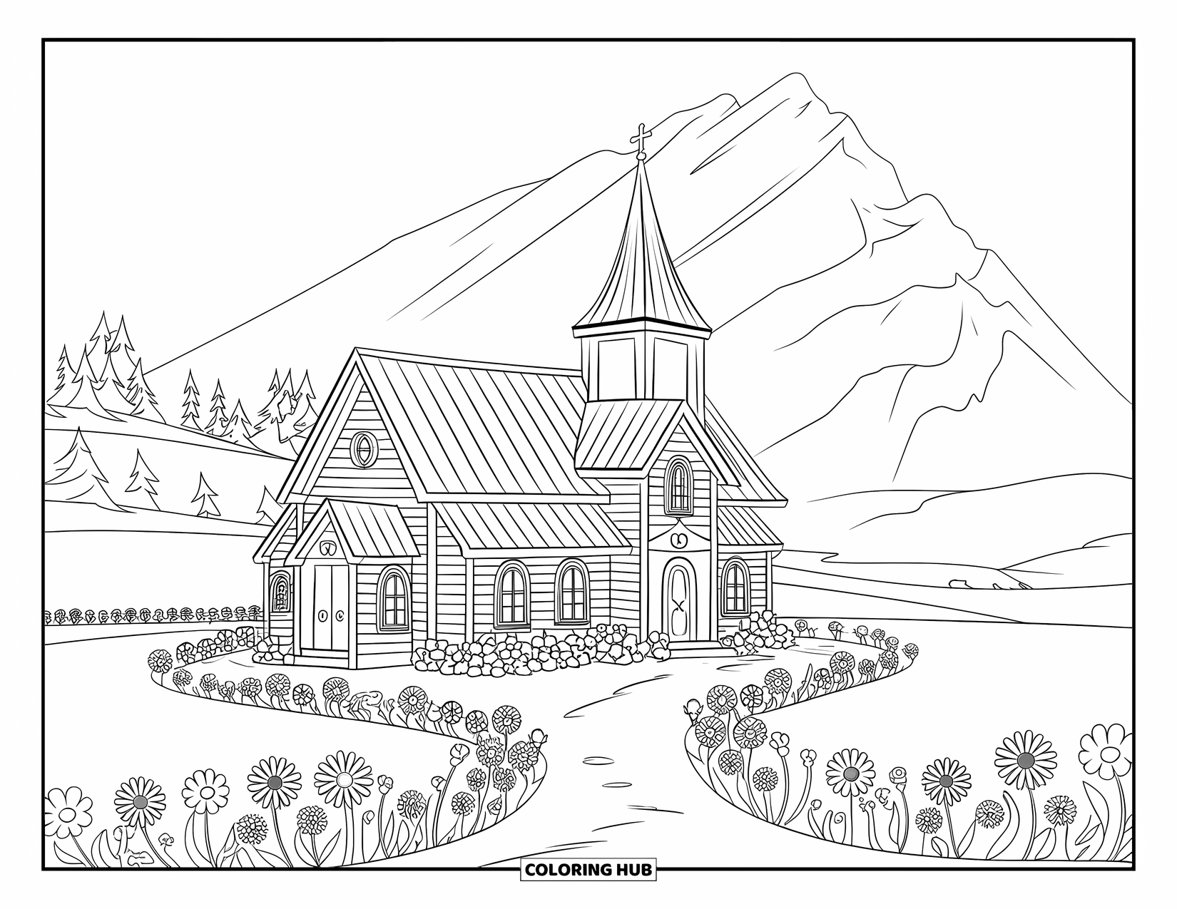 Church Coloring Page for Kids: A flower-wrapped country church with a steep roof and scenic mountain backdrop