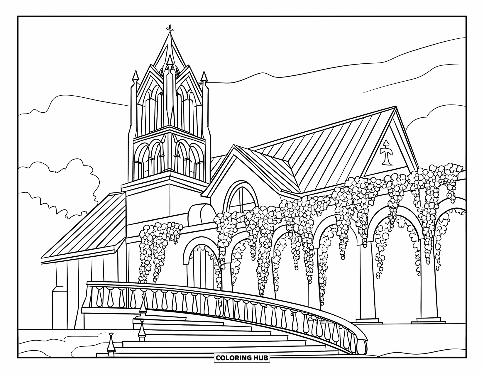 Church Coloring Page for Kids: A gothic chapel with a tall bell tower, curved stairs, and wisteria arches