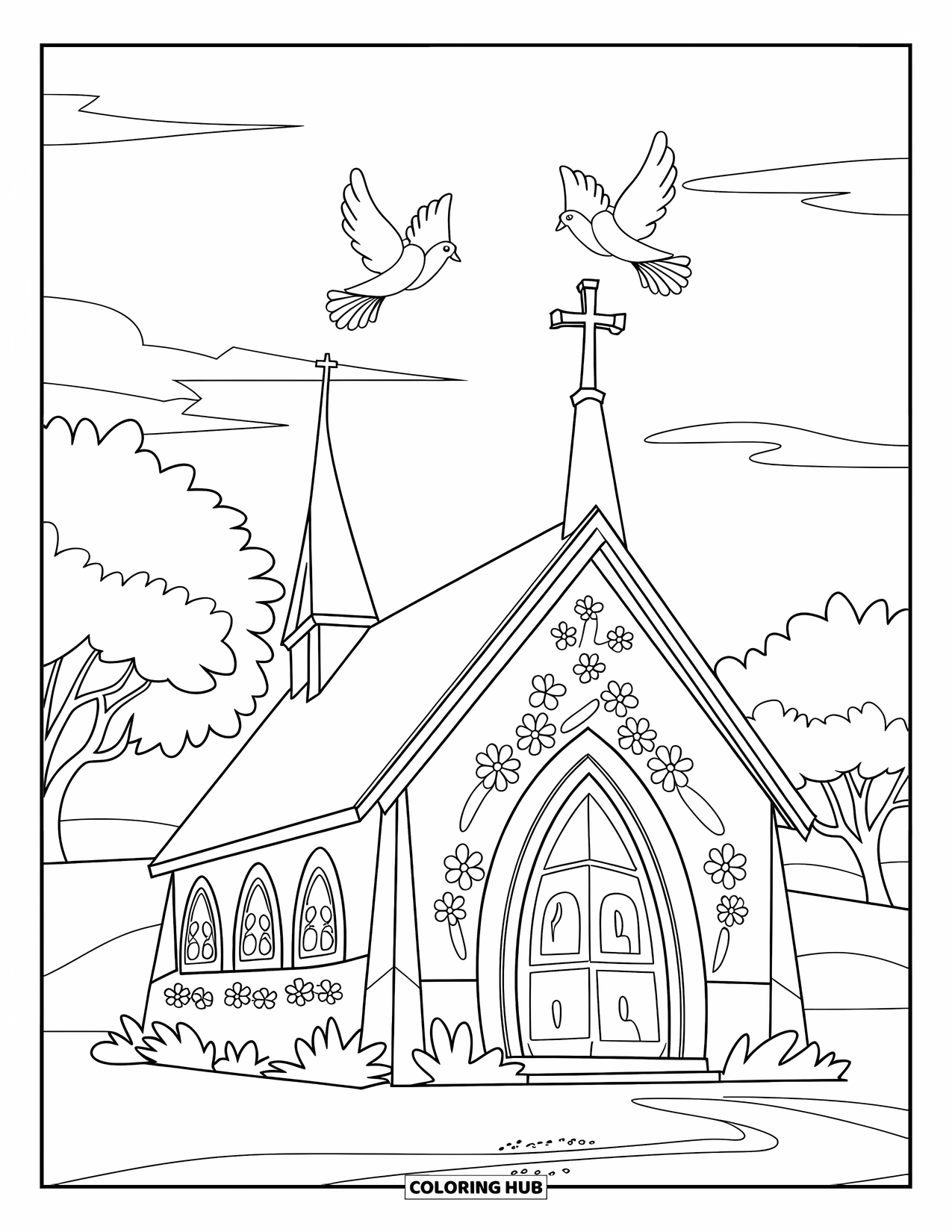 Church Coloring Page for Kids: A gothic-style church with flowers and doves in a peaceful landscape