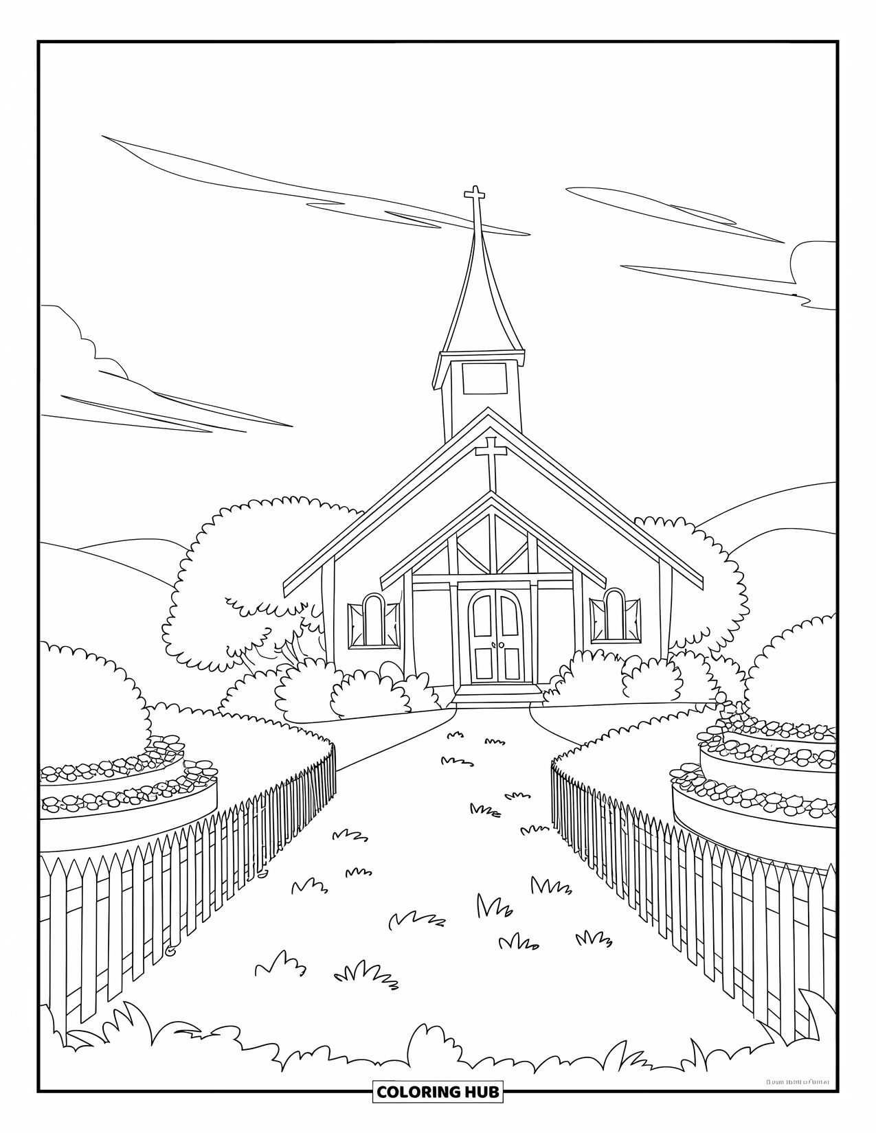 Church Coloring Page for Kids: A hillside church with flower beds, bushes, and a steeple