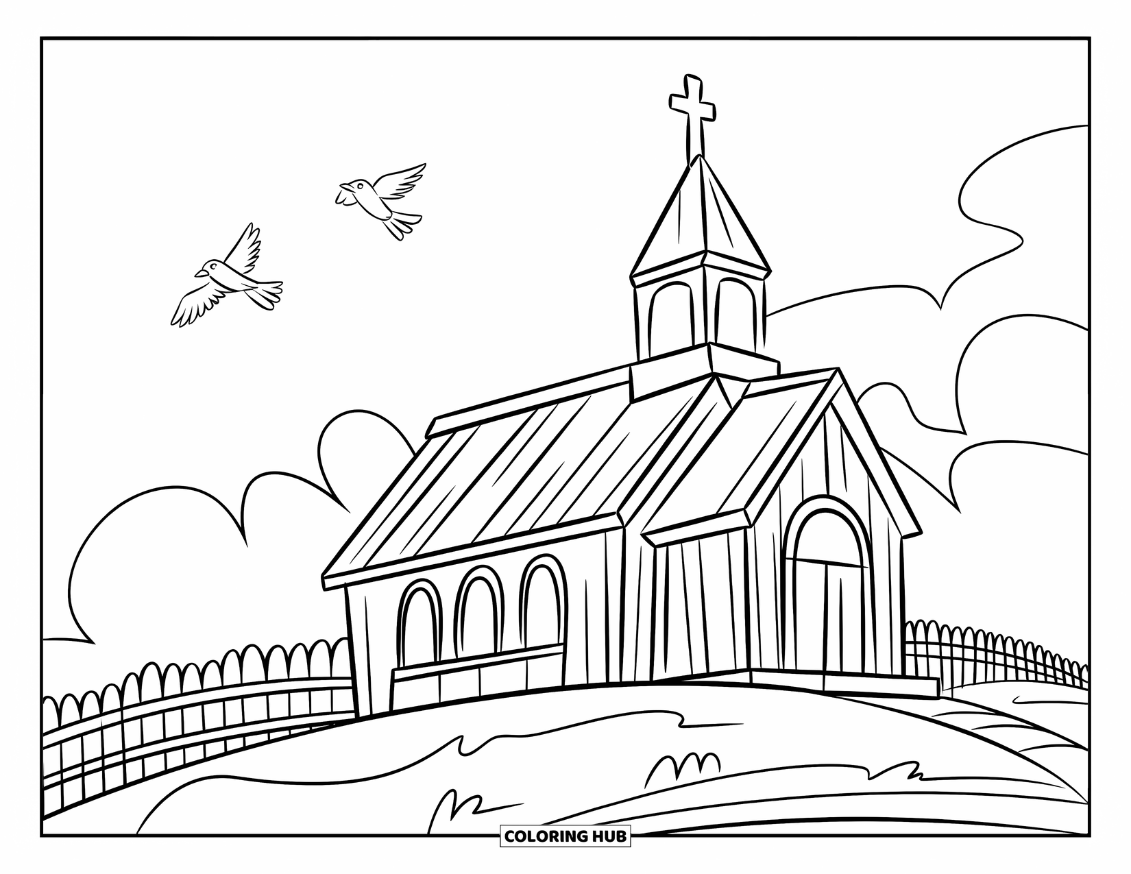 Church Coloring Page for Kids: A hilltop church with birds in the sky and a fence out front