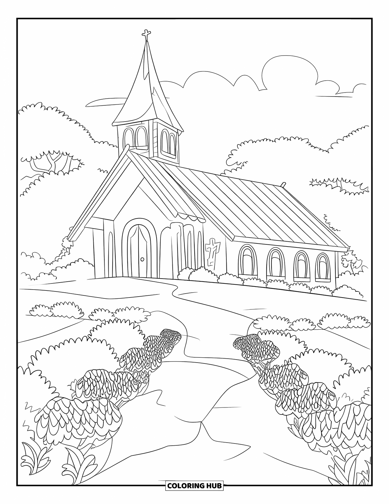 Church Coloring Page for Kids: A modern village church on a hill with expressive, clean-lined design