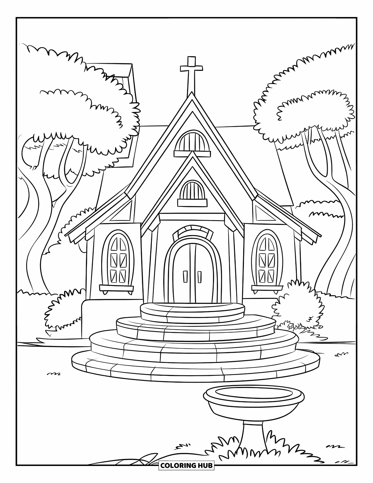 Church Coloring Page for Kids: A quaint church with rounded steps, a bird bath, and curvy trees in a field