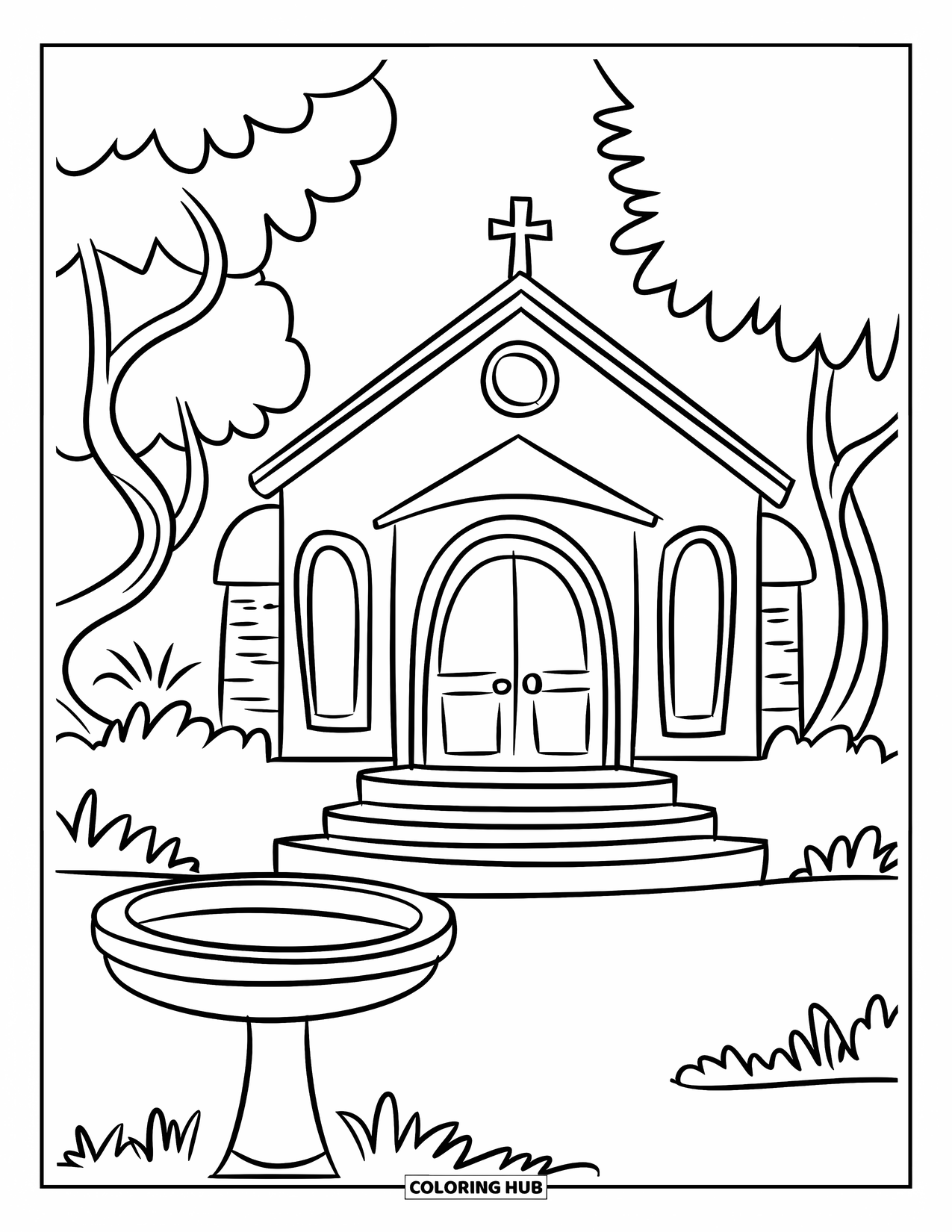 Church Coloring Page for Kids: A quaint church with rounded steps, a bird bath, and curvy trees