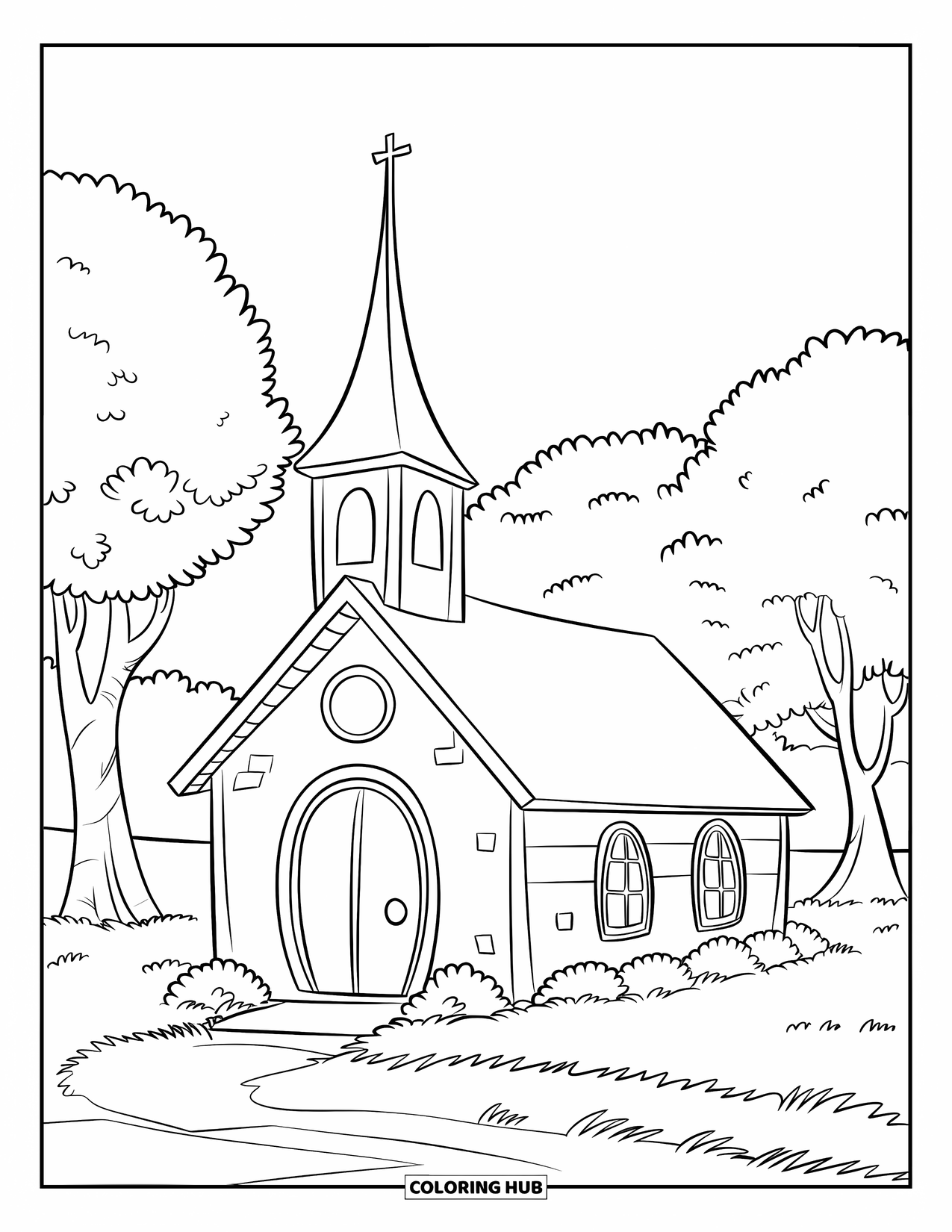 Church Coloring Page for Kids: A small church with a round door and puffy trees all around