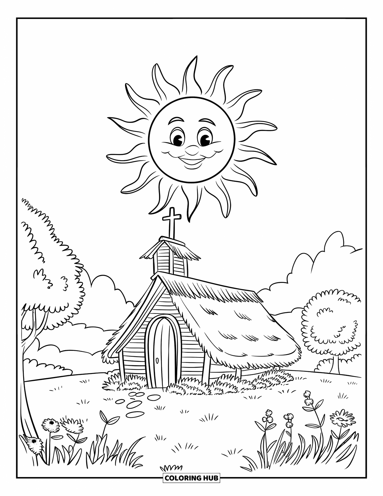 Church Coloring Page for Kids: A sunny chapel scene with flowers, trees, and a thatched roof