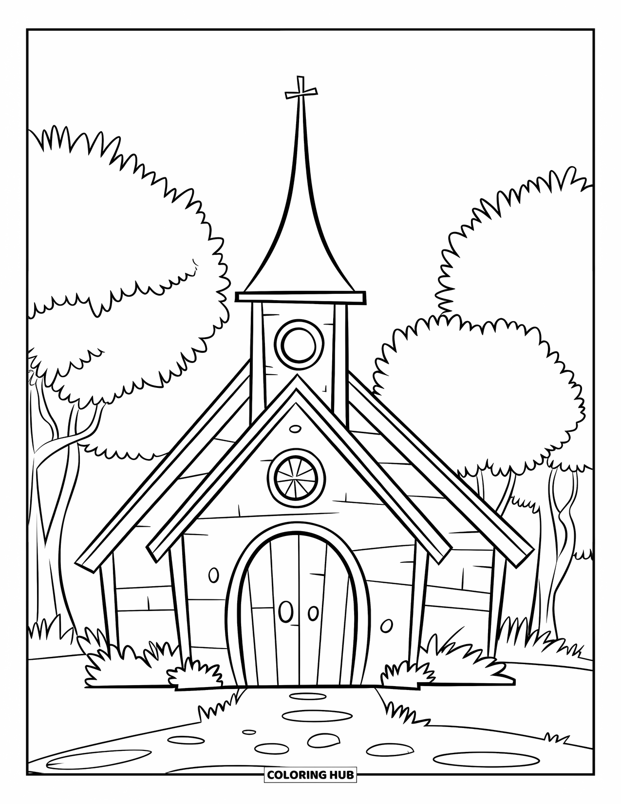 Church Coloring Page for Kids: A tiny church with a big round door, trees, and soft grass