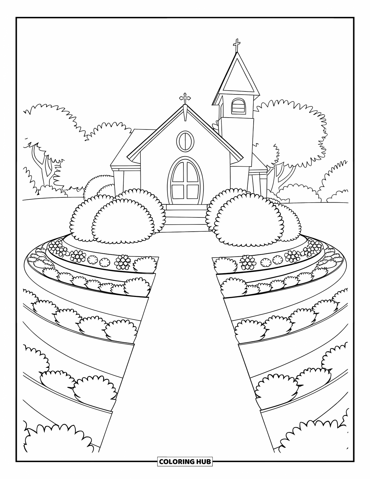 Church Coloring Page for Kids: A village church on a hill with bushes and flower beds on each side
