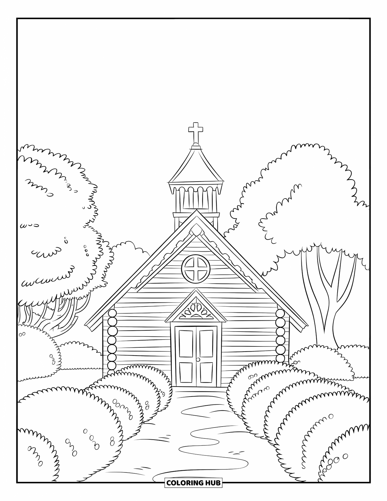 Church Coloring Page for Kids: A wooden chapel with bushes and trees under a clear sky