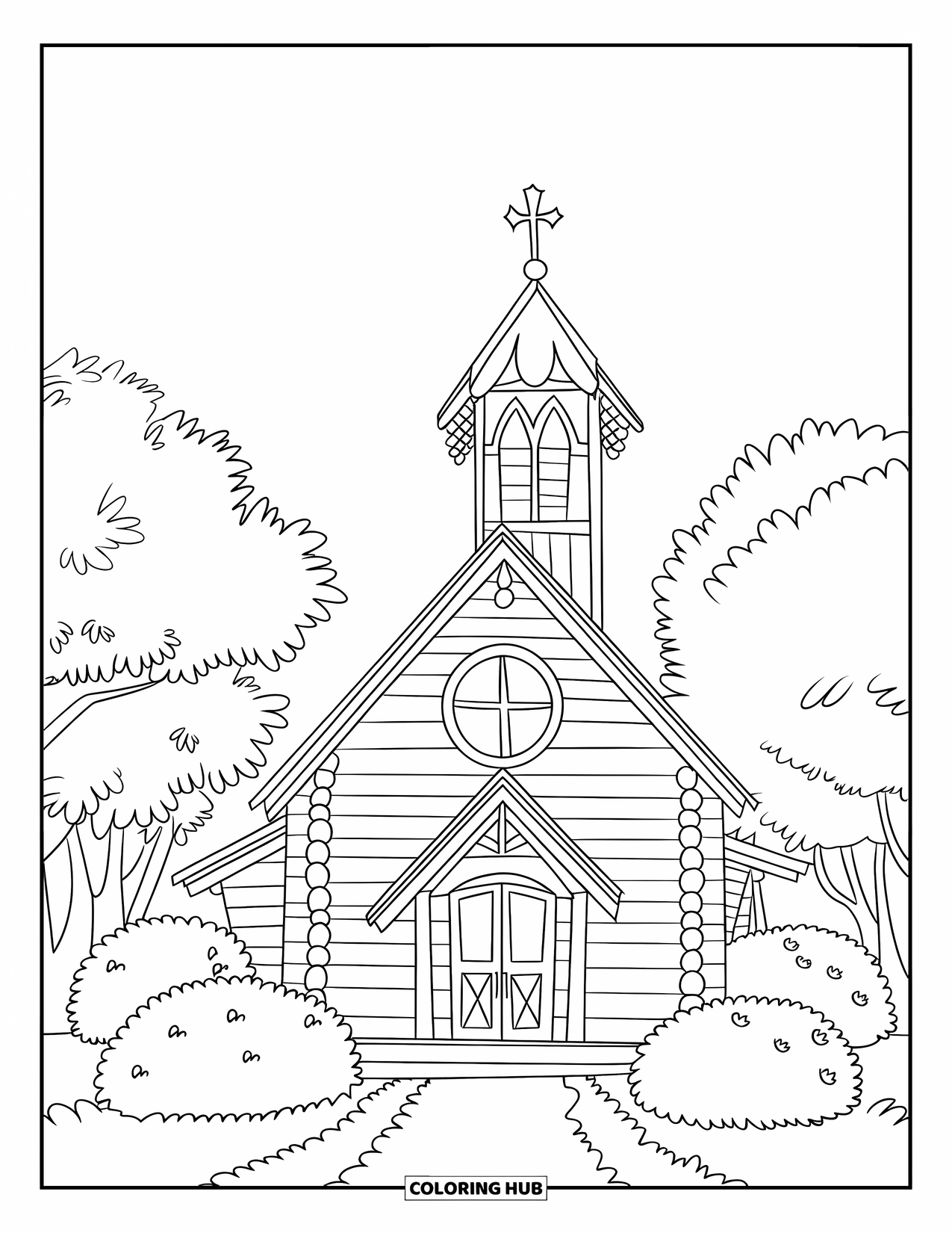Church Coloring Page for Kids: A wooden chapel with neat bushes and clean, bold outlines