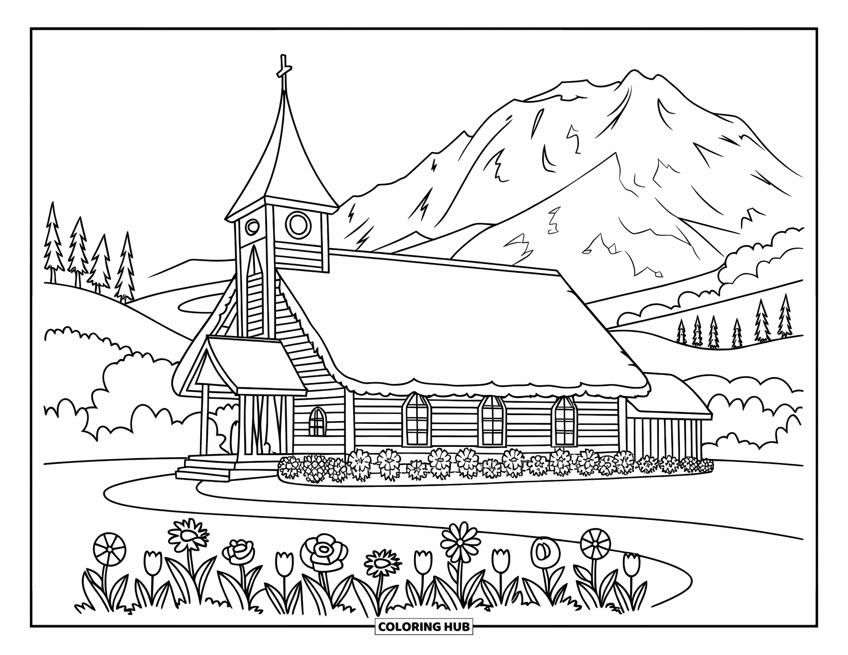 Church Coloring Page for Kids: A wooden country church with flowers around and rocky mountains in the distance