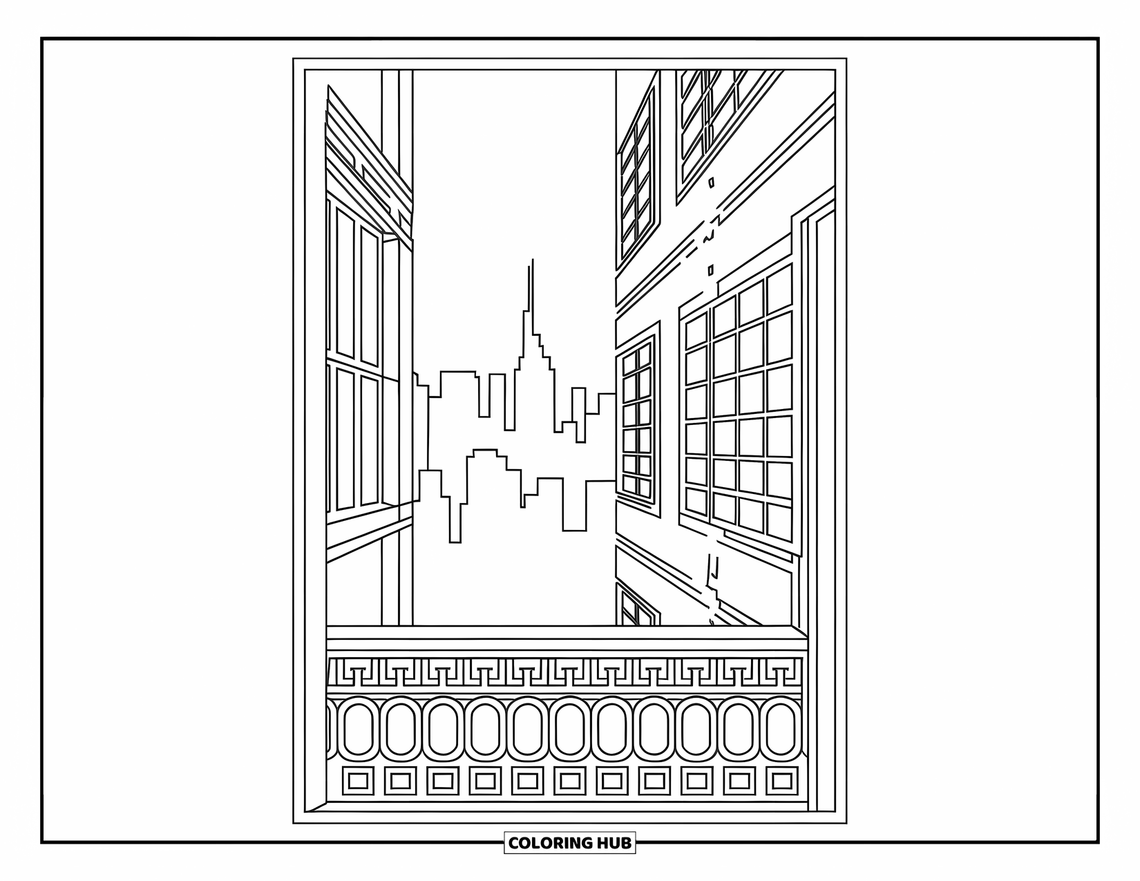 City Coloring Page for Adults: A balcony overlooks a city full of window patterns and a decorative border below