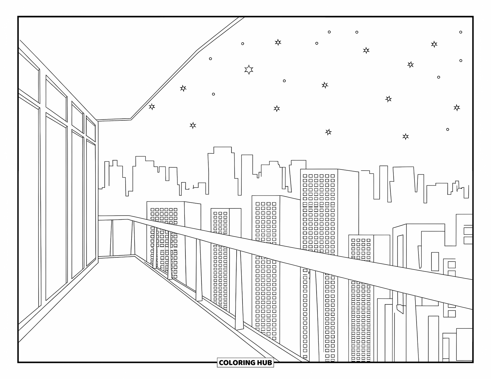 City Coloring Page for Adults: A balcony view of the city skyline with patterned skyscrapers and a few stars above
