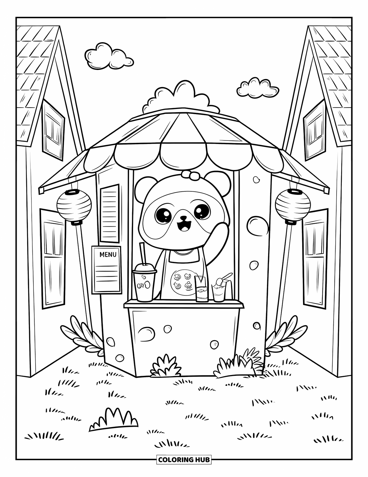 City Coloring Page for Adults: A waving panda serves bubble tea from a cozy stand with lanterns and floating clouds