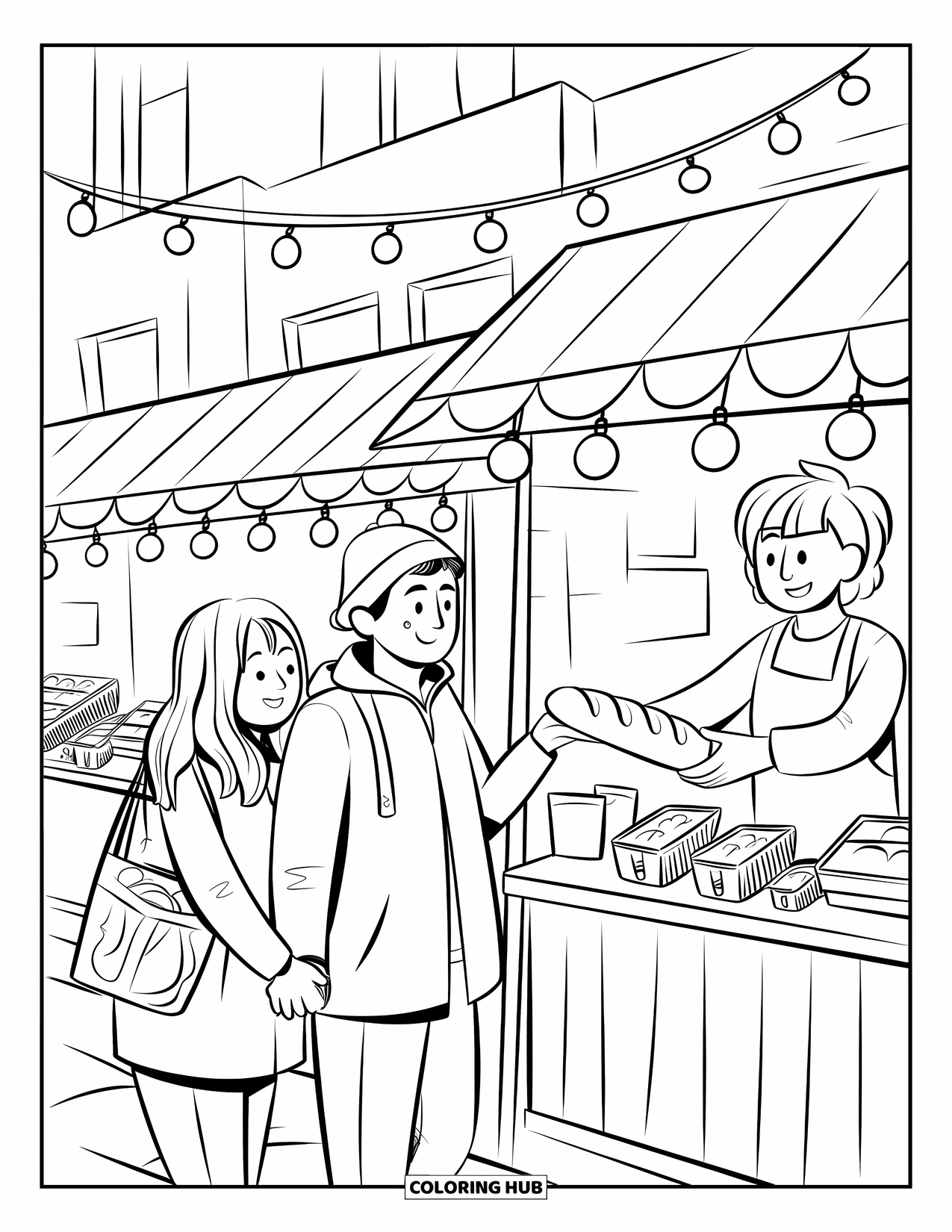 City Coloring Page for Adults: A young couple holds hands at a cozy market as a vendor offers them warm bread