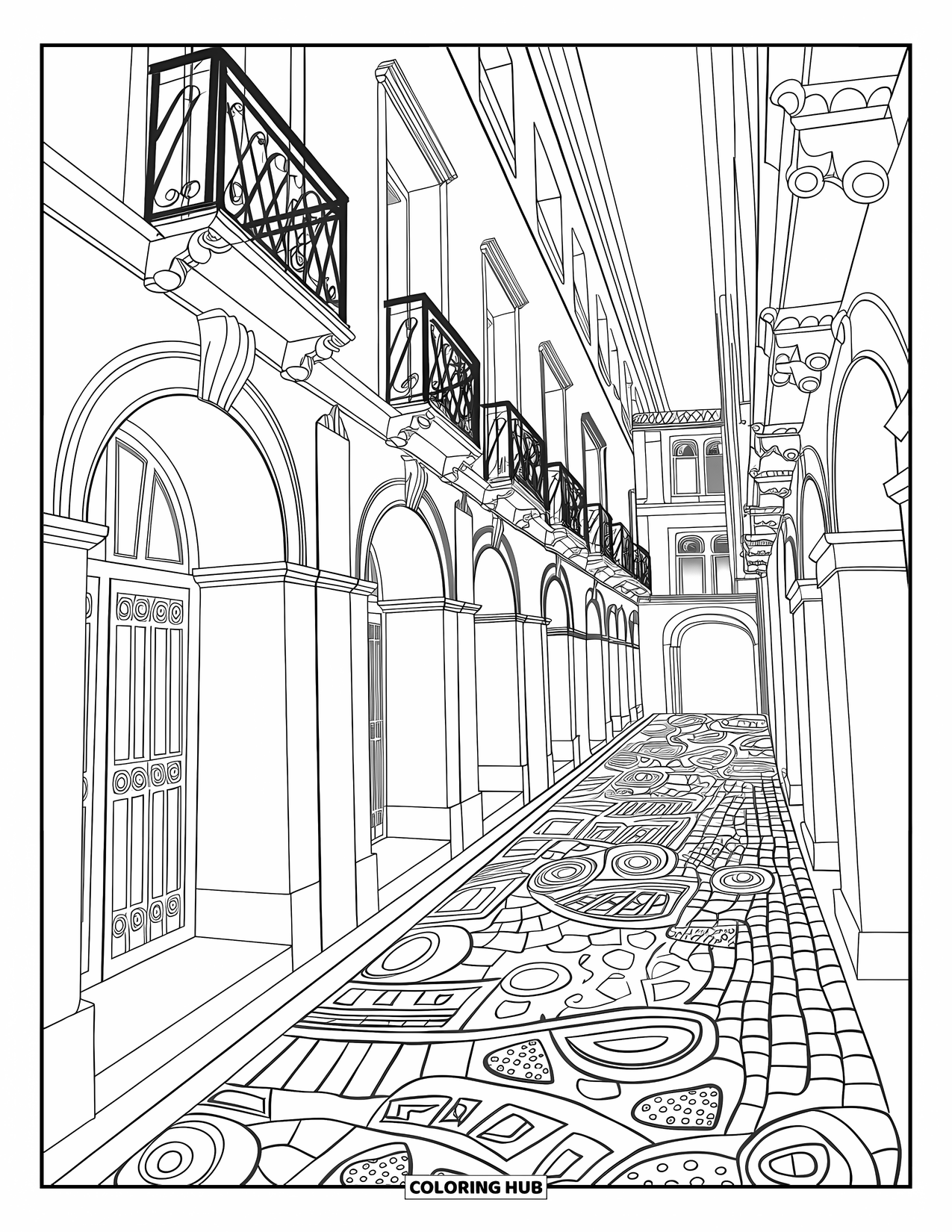 City Coloring Page for Adults: An alley filled with arches, moldings, and patterned cobblestones between tall decorative buildings