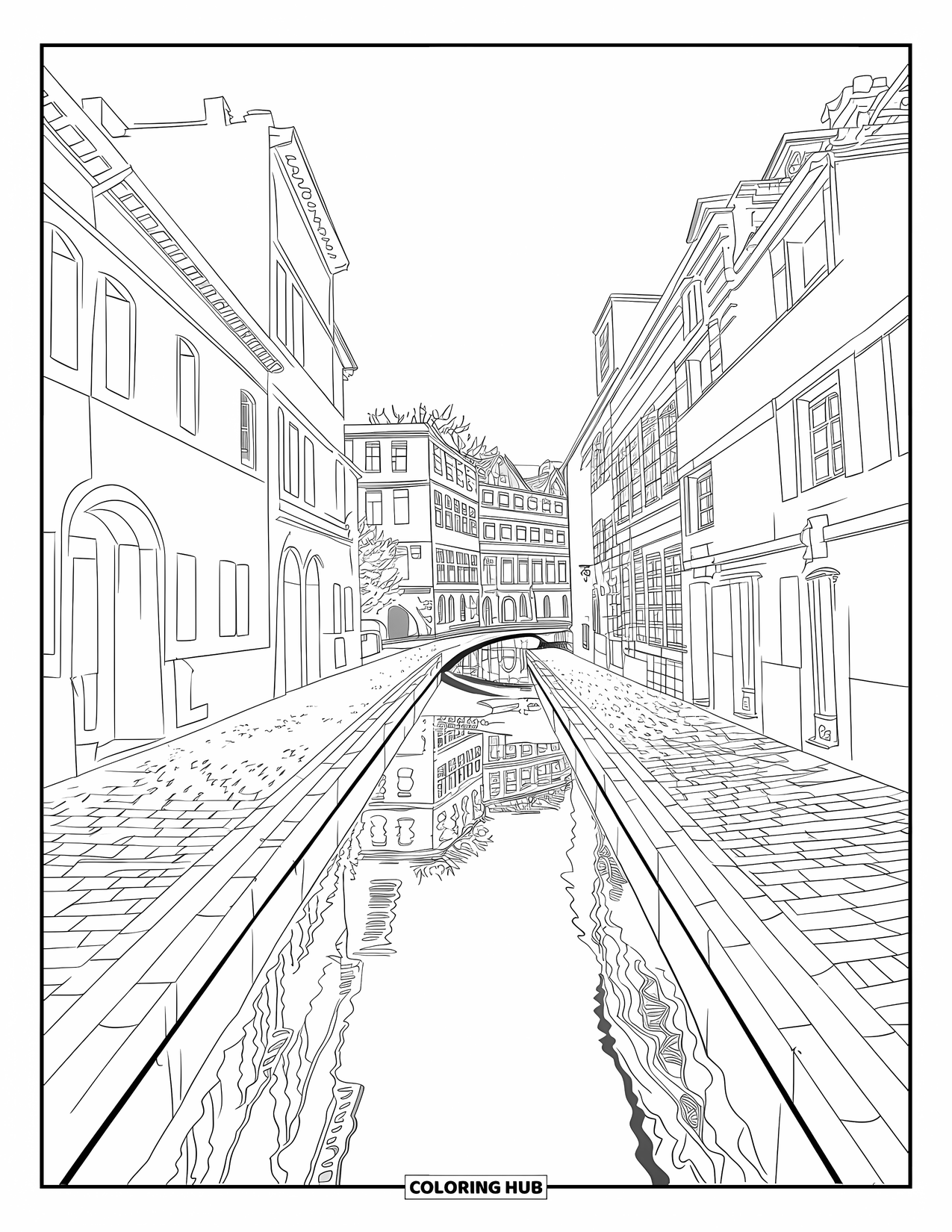 City Coloring Page for Adults: Bridges and buildings reflect on a quiet canal surrounded by narrow streets and trees