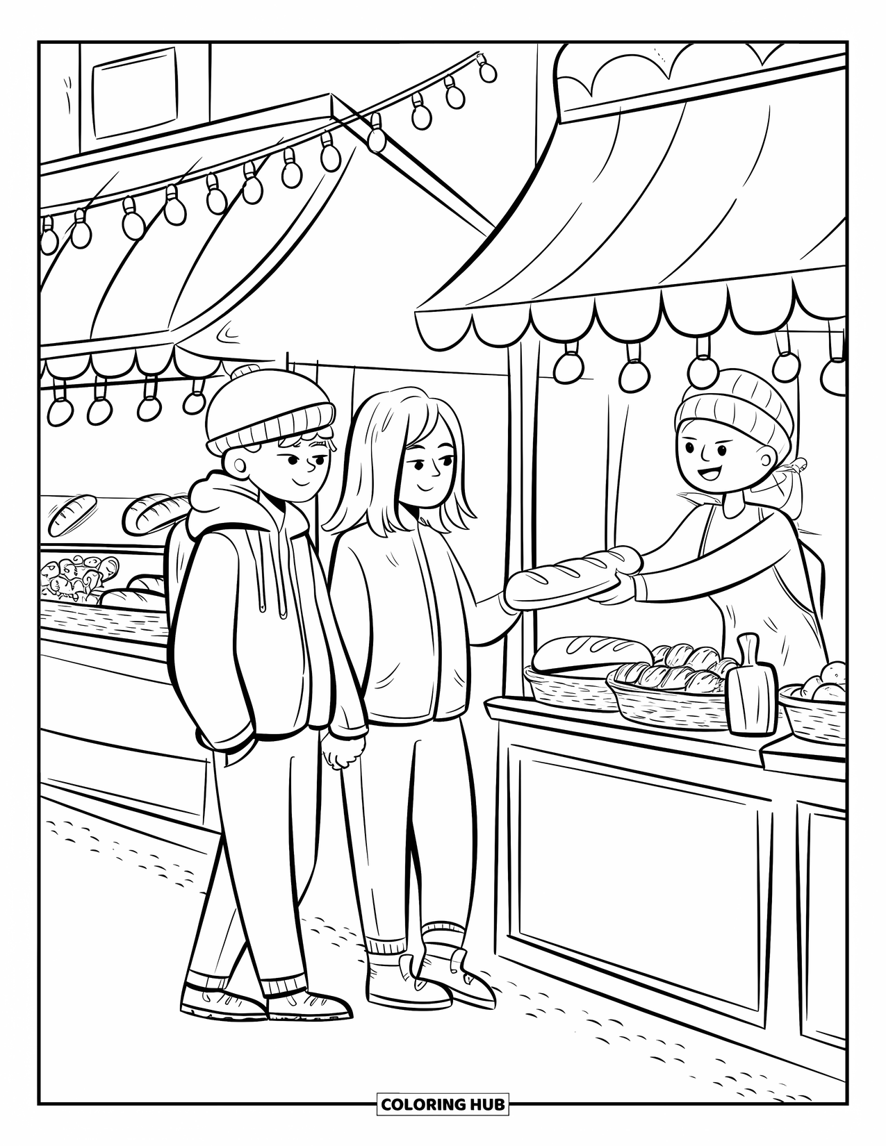 City Coloring Page for Adults: Street stalls glow with lights as a couple receives bread from a friendly vendor