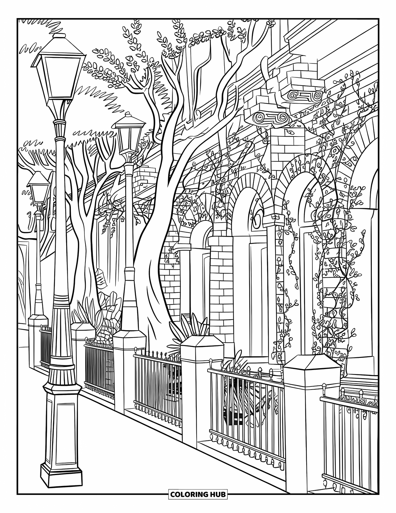 City Coloring Page for Adults: Trees, fences, and intricate architecture frame a peaceful street filled with timeless charm