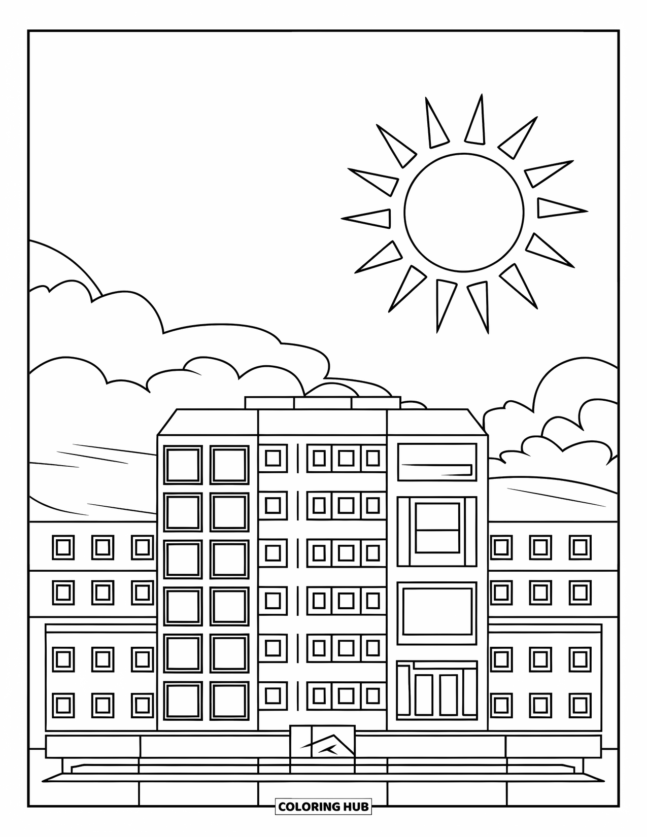 City Coloring Page for Kids: A big apartment building with square windows stands beneath a smiling sun