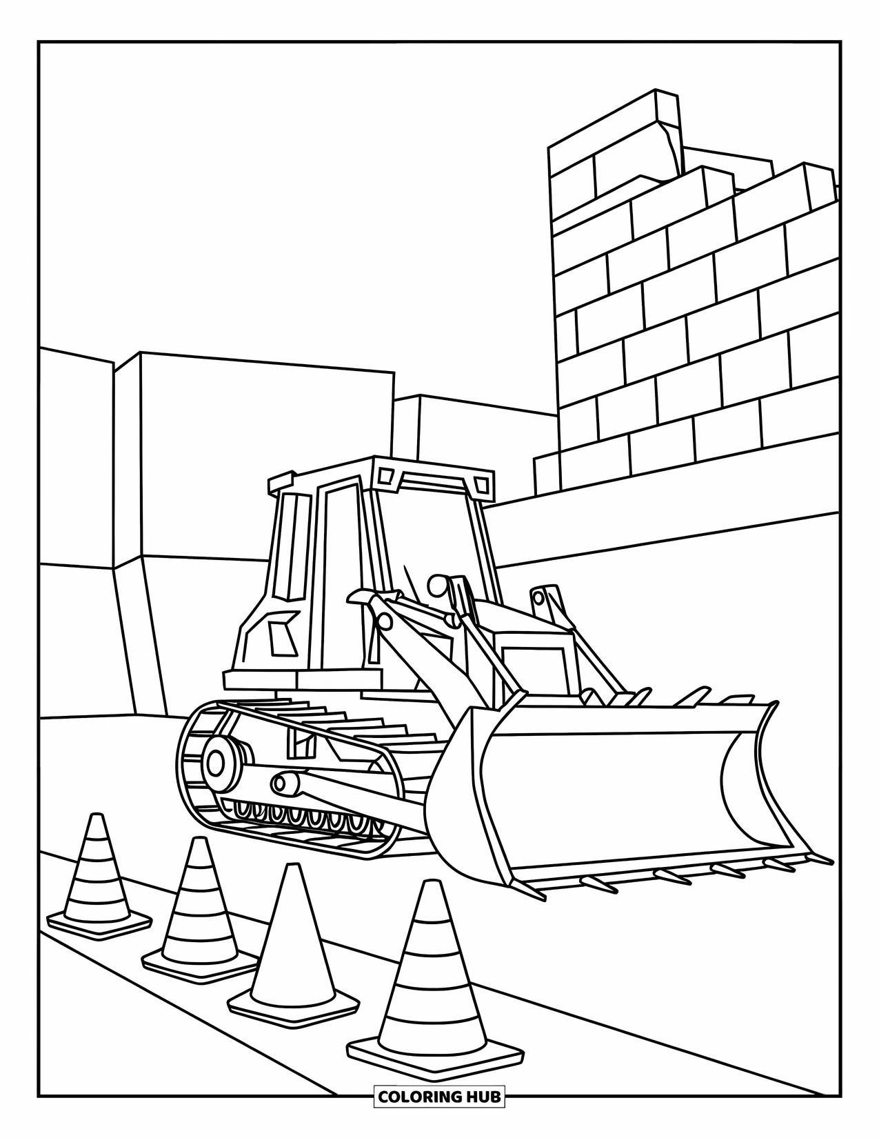 City Coloring Page for Kids: A bulldozer faces forward at a construction site with cones and unfinished brick walls