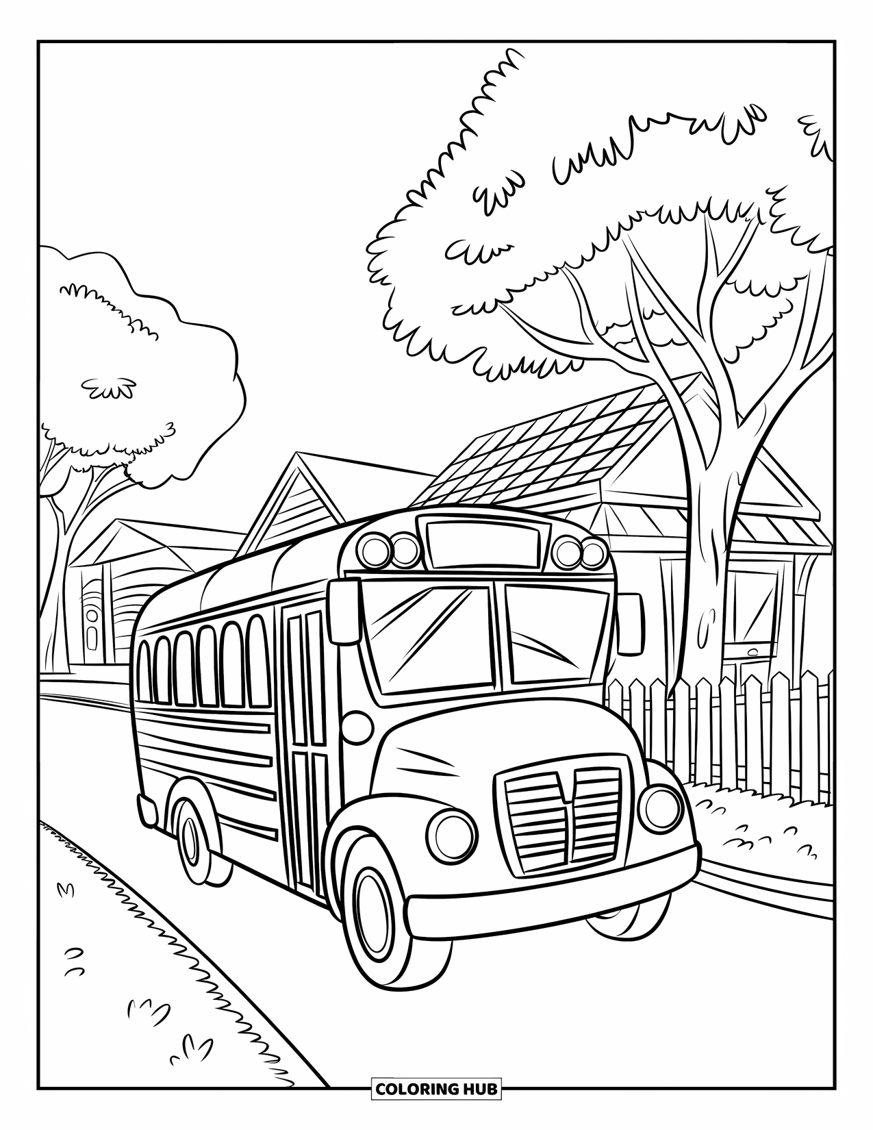 City Coloring Page for Kids: A cheerful school bus with big windows drives past a tree and picket fence