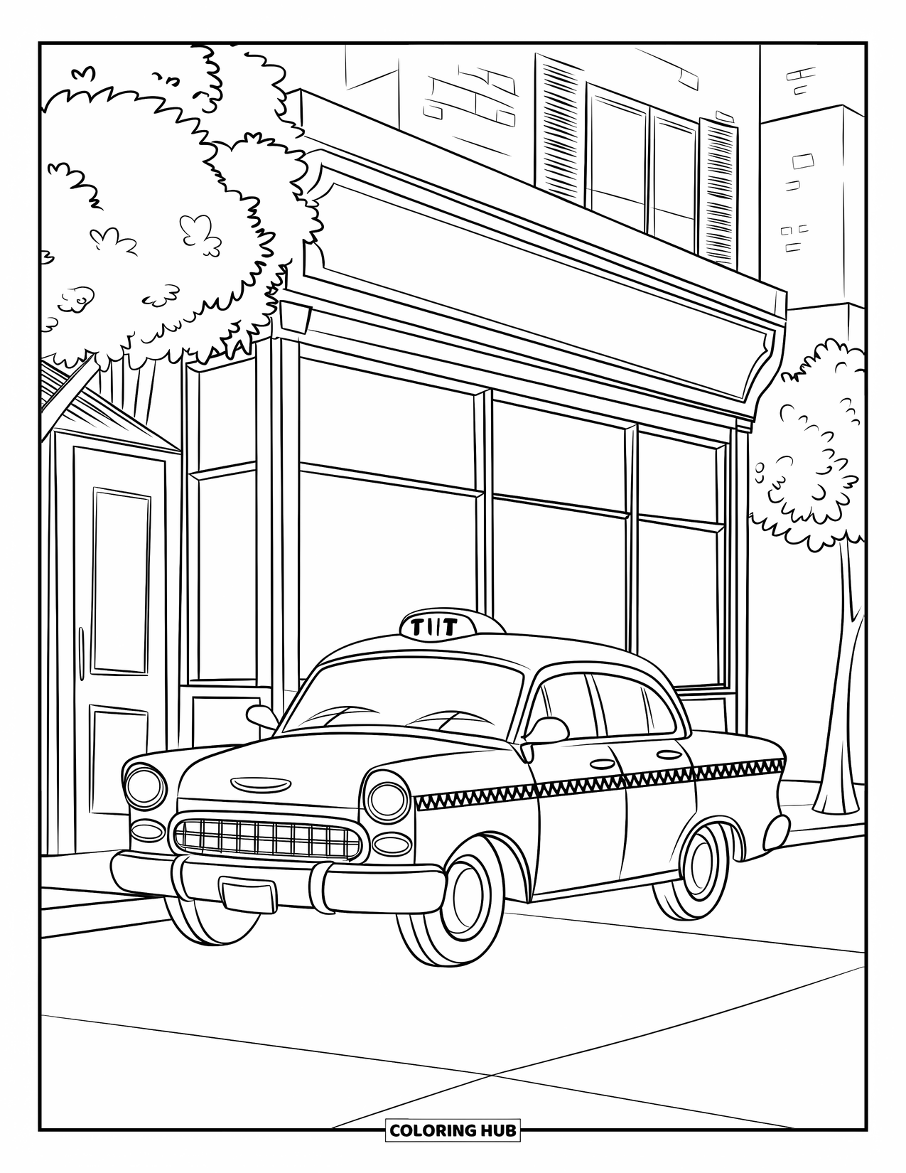 City Coloring Page for Kids: A cheerful taxi stops by a city store near trees, sidewalks, and other buildings