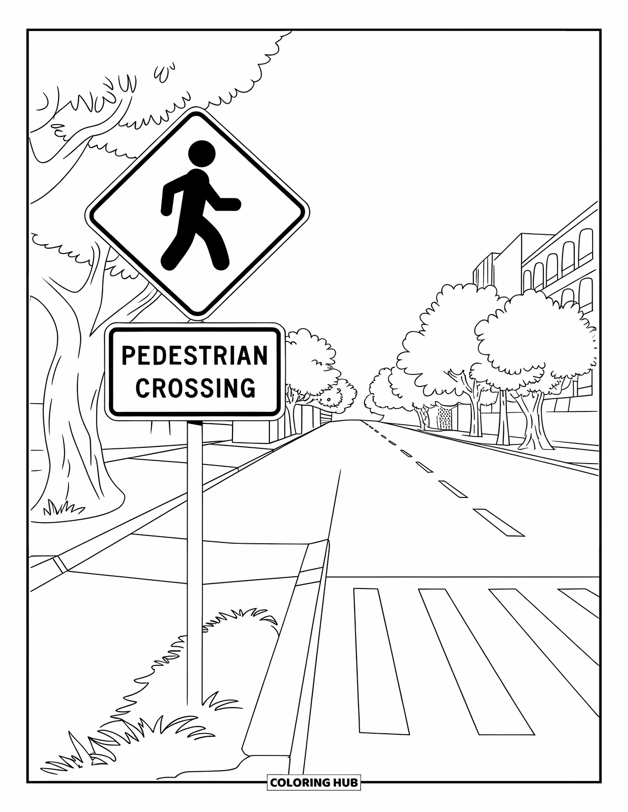 City Coloring Page for Kids: A crossing sign with a walking figure stands beside a tree-lined road and city buildings