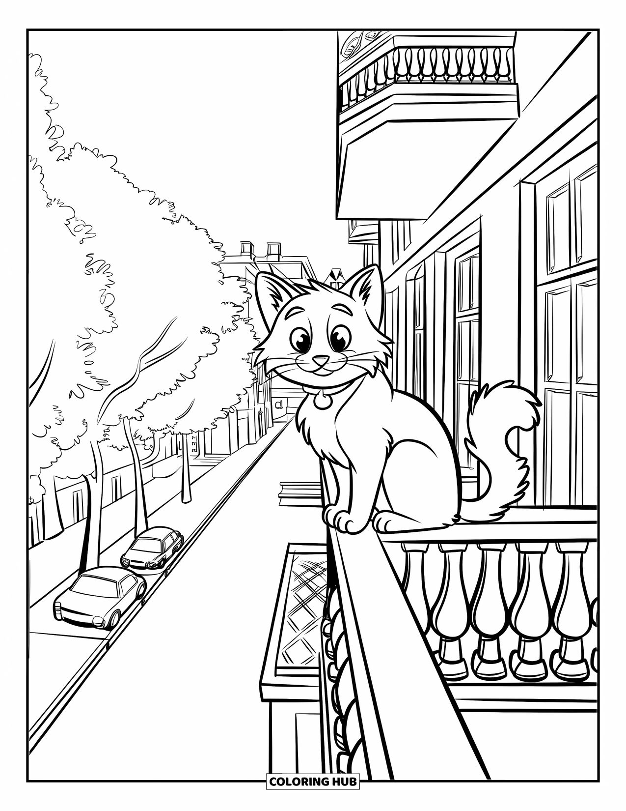 City Coloring Page for Kids: A fluffy city cat sits on a balcony railing, watching over a peaceful tree-lined street